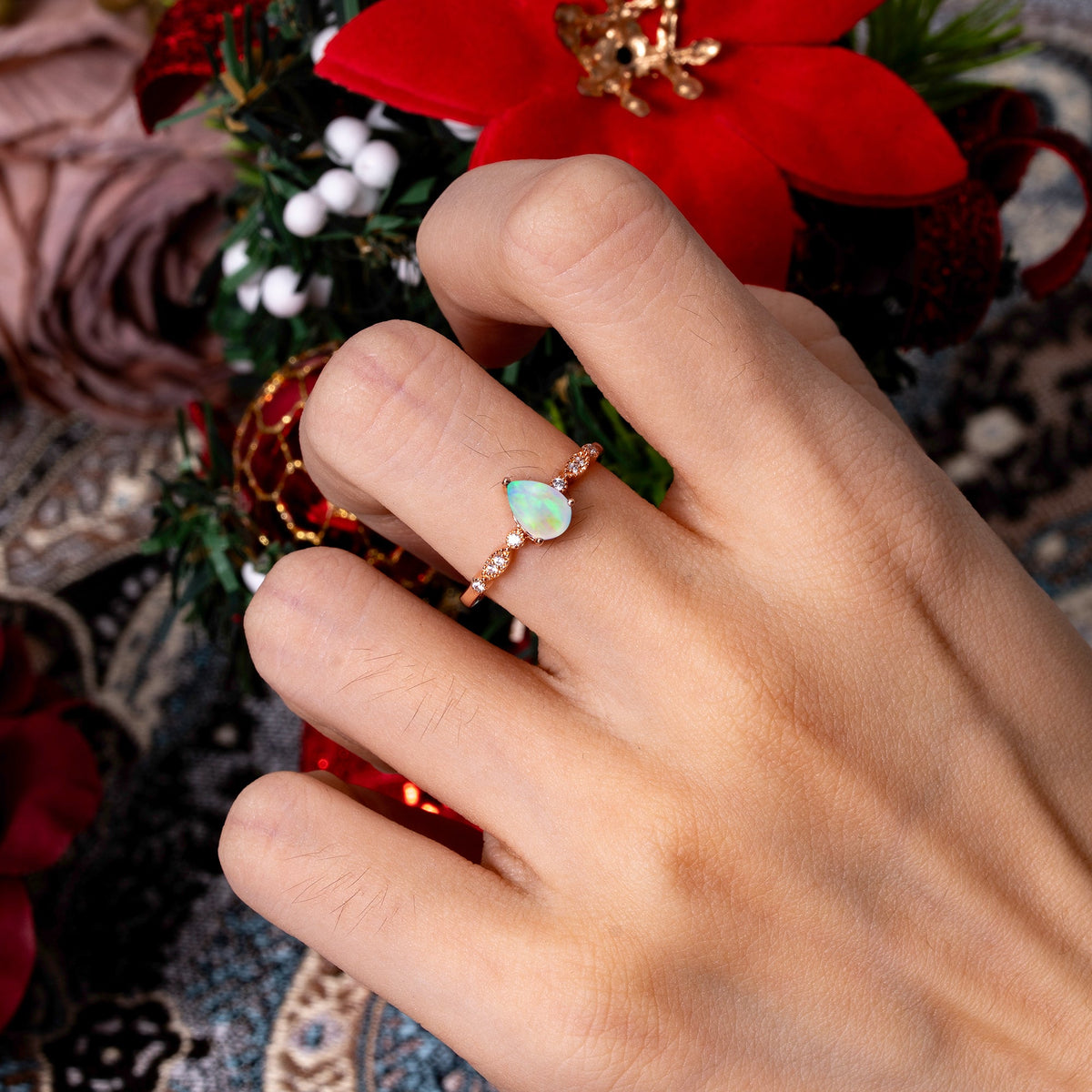 Pear Shaped Vintage Opal Engagement Ring Beaded Promise Ring