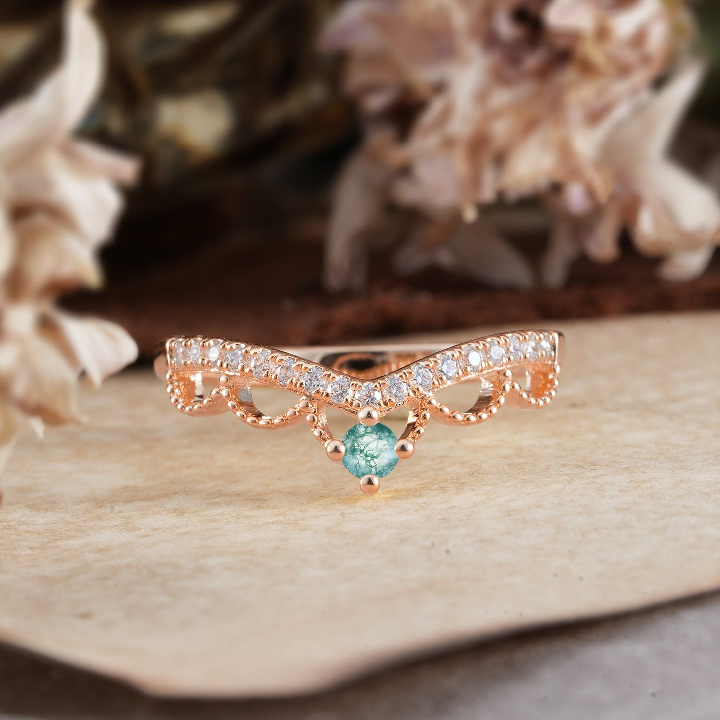 Princess Queen Crown Tiara Ring Unique Moss Agate Band Ring