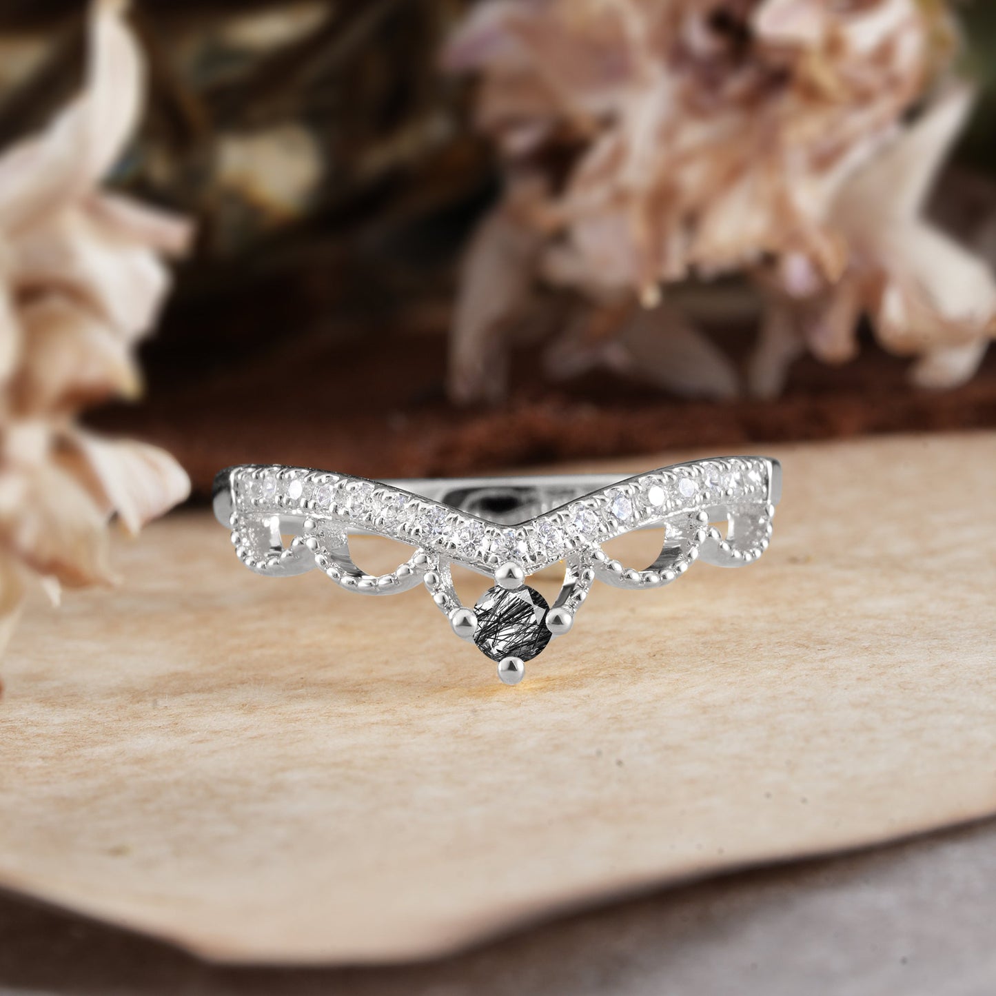 Princess Queen Crown Tiara Ring Unique Black Rutilated Quartz Band Ring