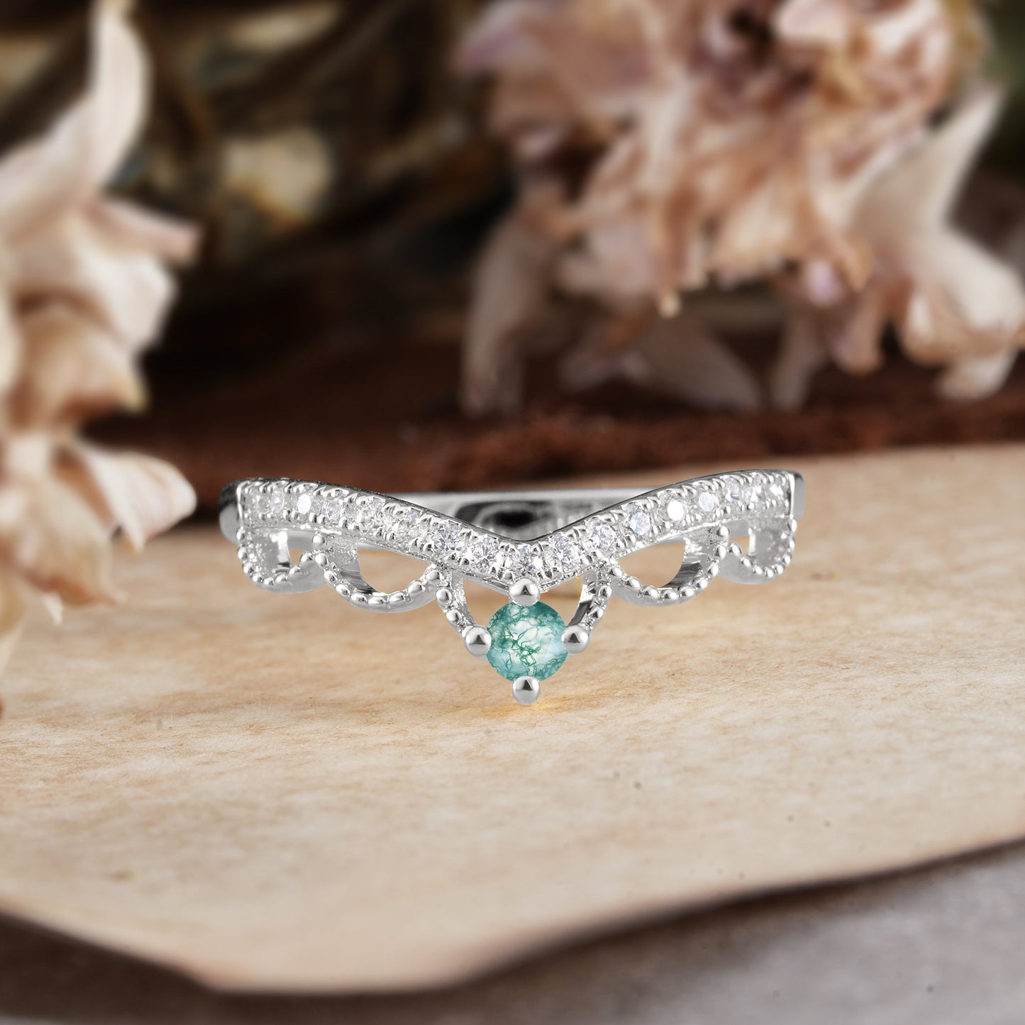 Princess Queen Crown Tiara Ring Unique Moss Agate Band Ring