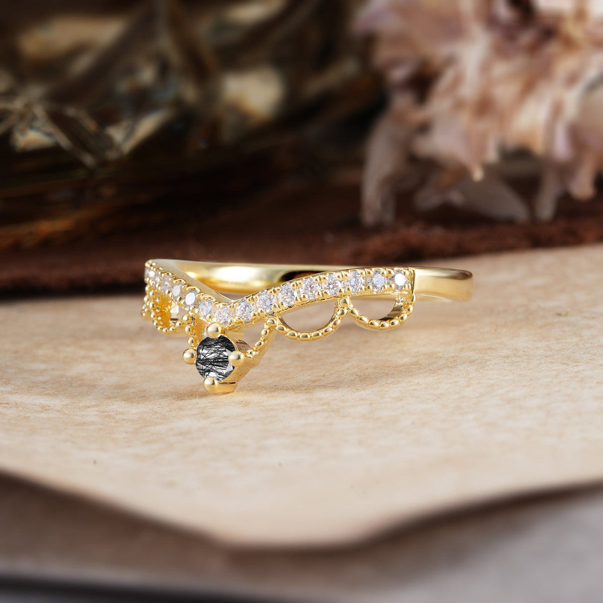 Princess Queen Crown Tiara Ring Unique Black Rutilated Quartz Band Ring
