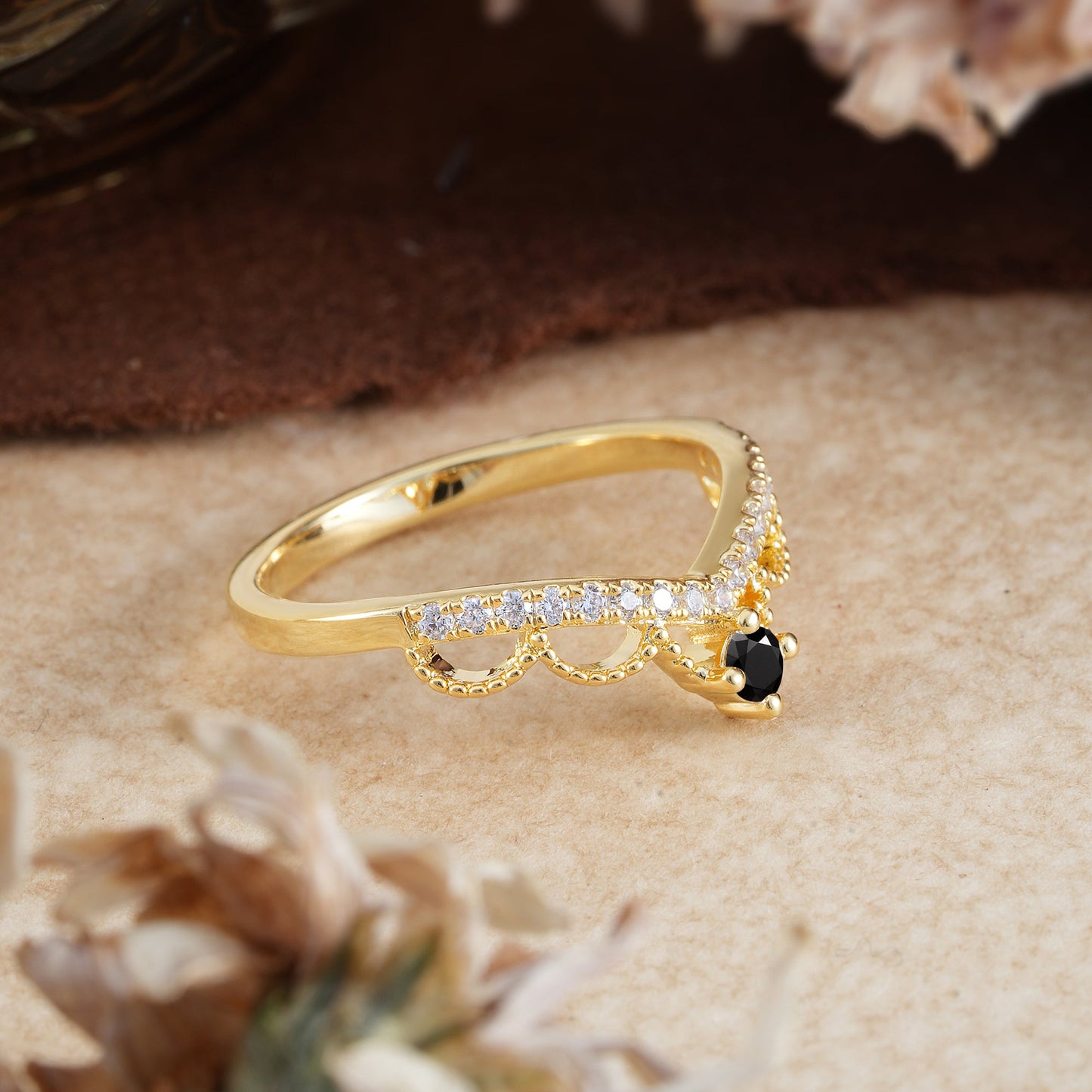Princess Queen Crown Tiara Ring Unique Black Onyx Band Ring