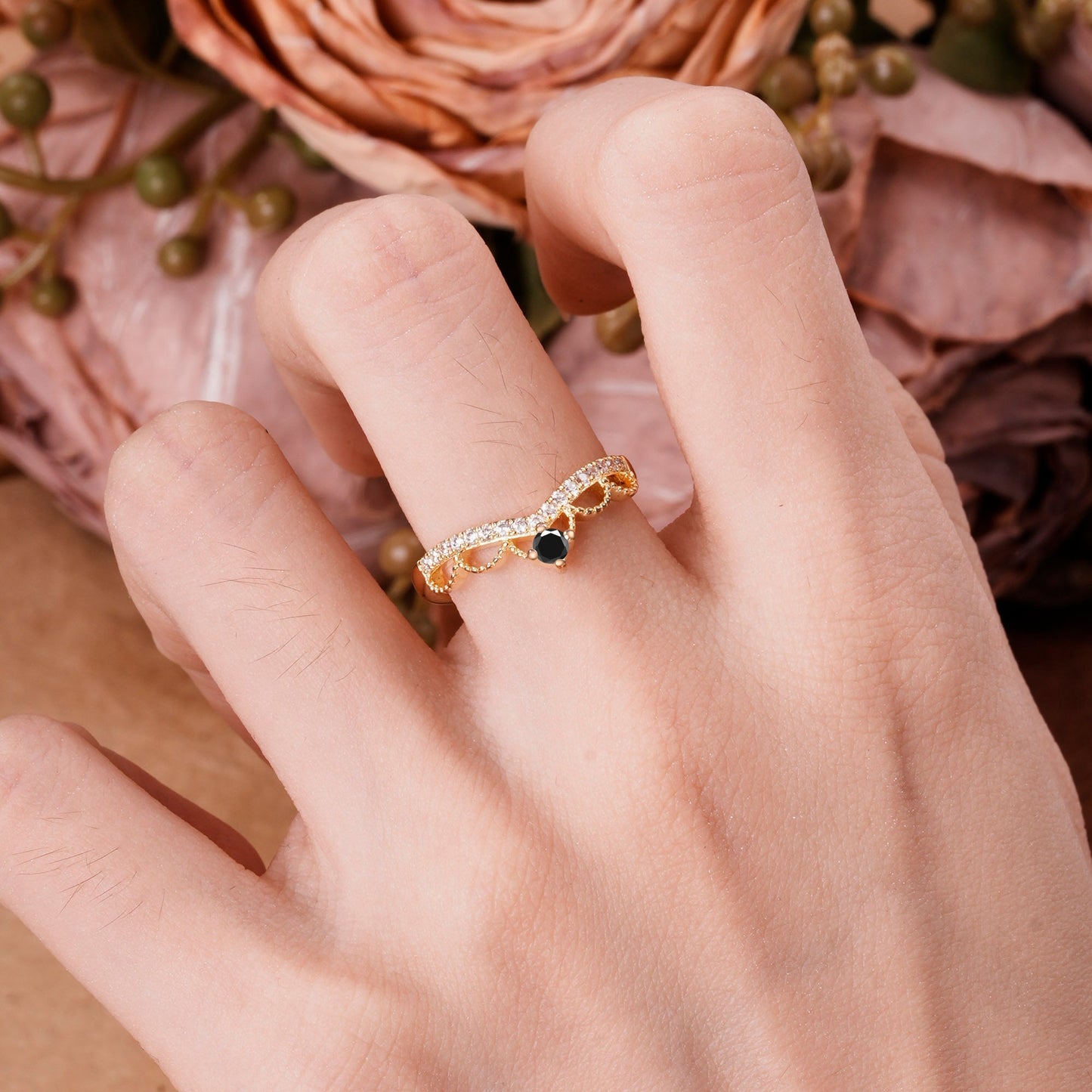 Princess Queen Crown Tiara Ring Unique Black Onyx Band Ring