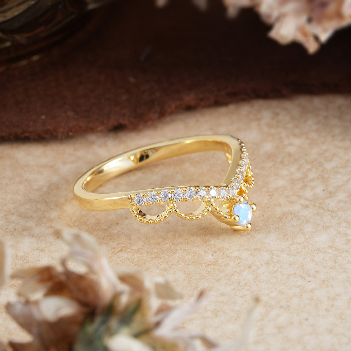 Princess Queen Crown Tiara Ring Unique Natural Moonstone Band Ring