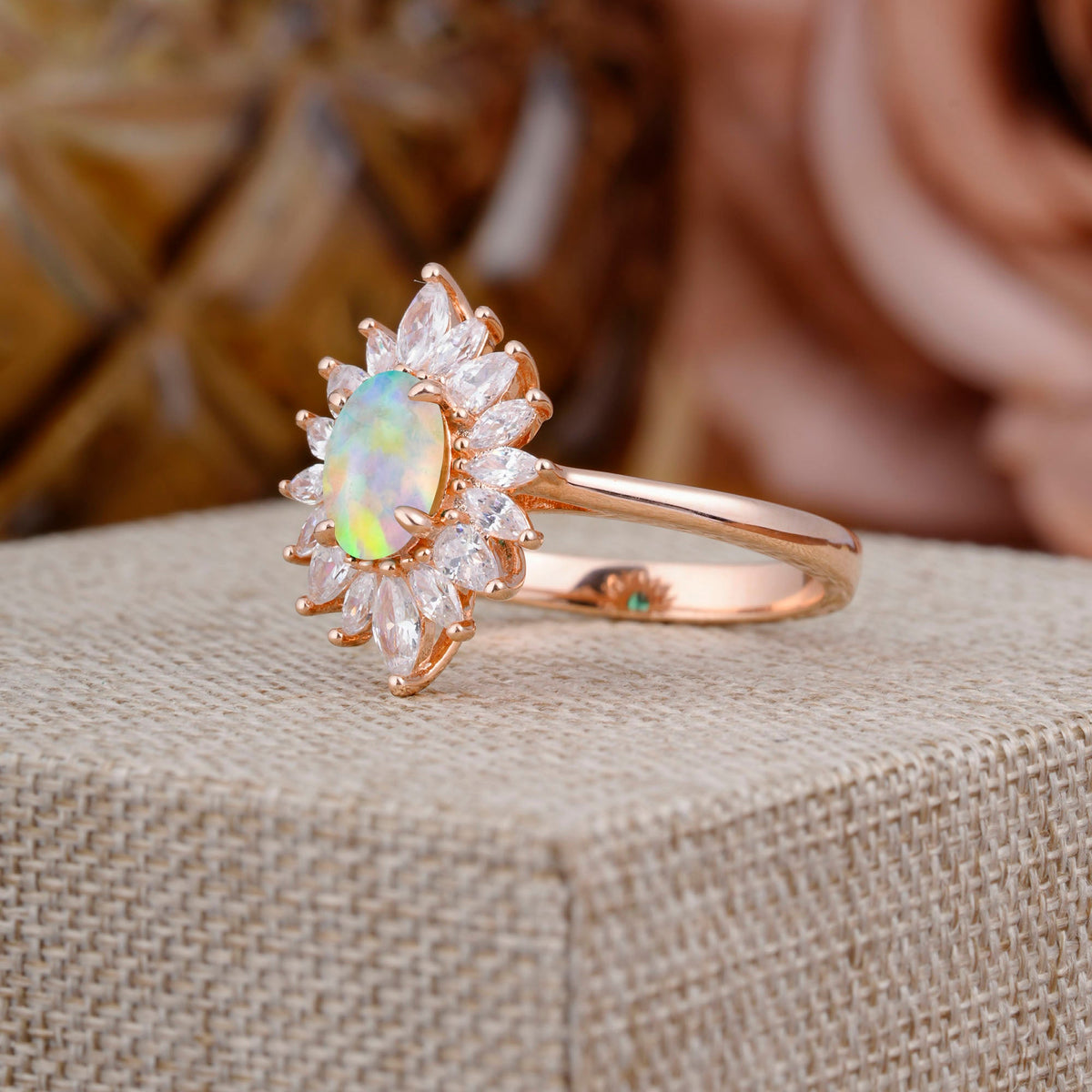 1 Carat Oval Cut Flower Opal Halo Engagement Ring