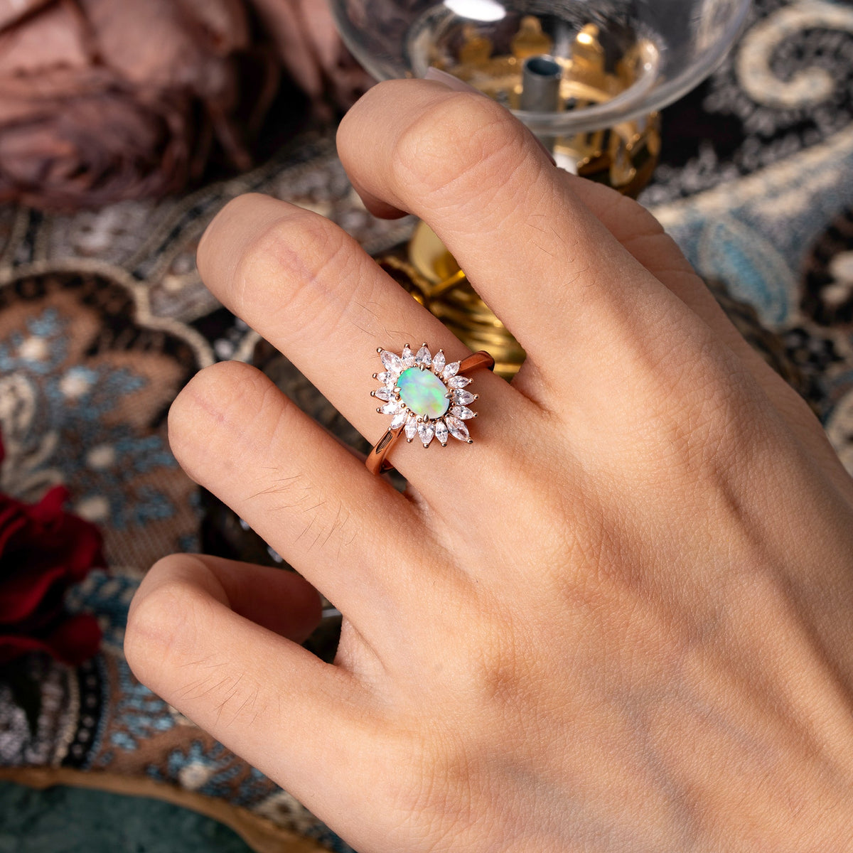 1 Carat Oval Cut Flower Opal Halo Engagement Ring
