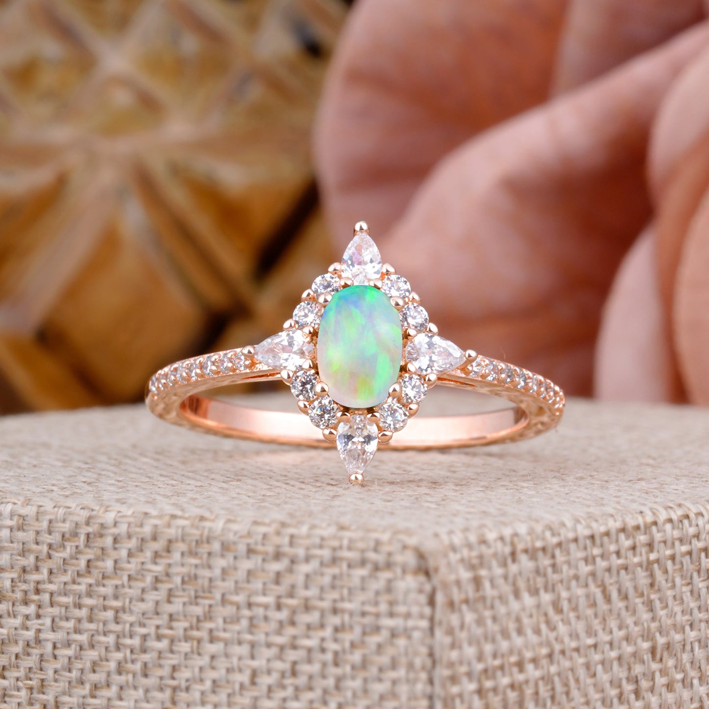Vintage 4 Prong Oval Cut Opal Engagement Ring Cluster Pave Bridal Ring