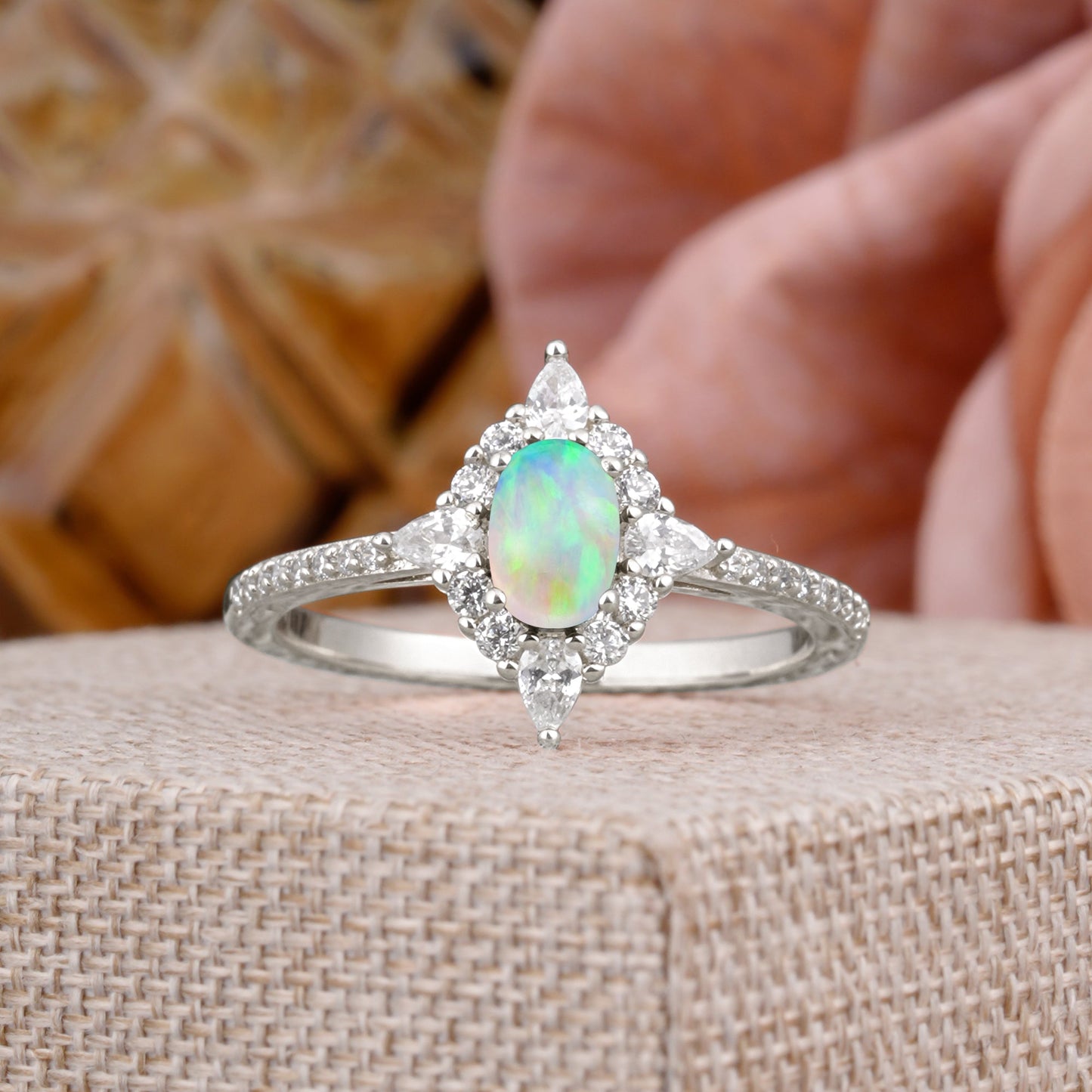 Vintage 4 Prong Oval Cut Opal Engagement Ring Cluster Pave Bridal Ring
