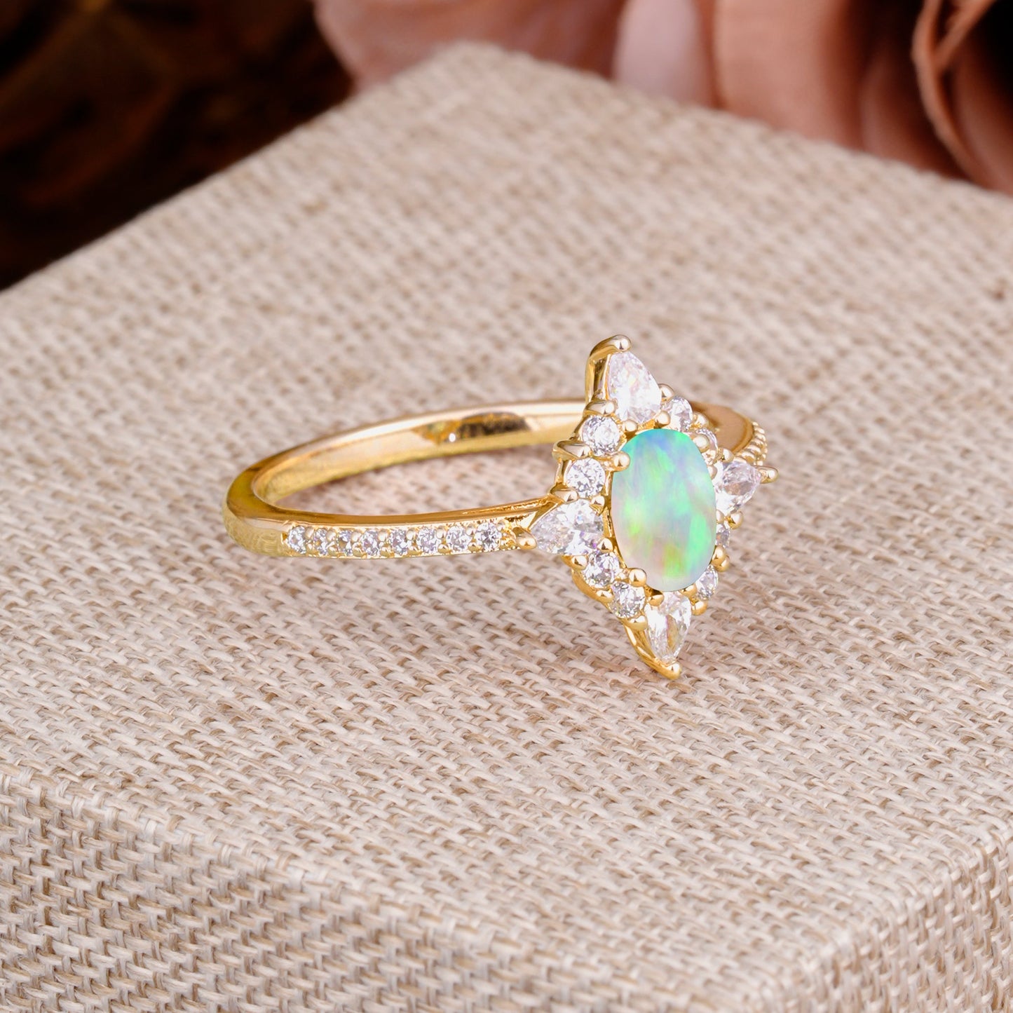 Vintage 4 Prong Oval Cut Opal Engagement Ring Cluster Pave Bridal Ring