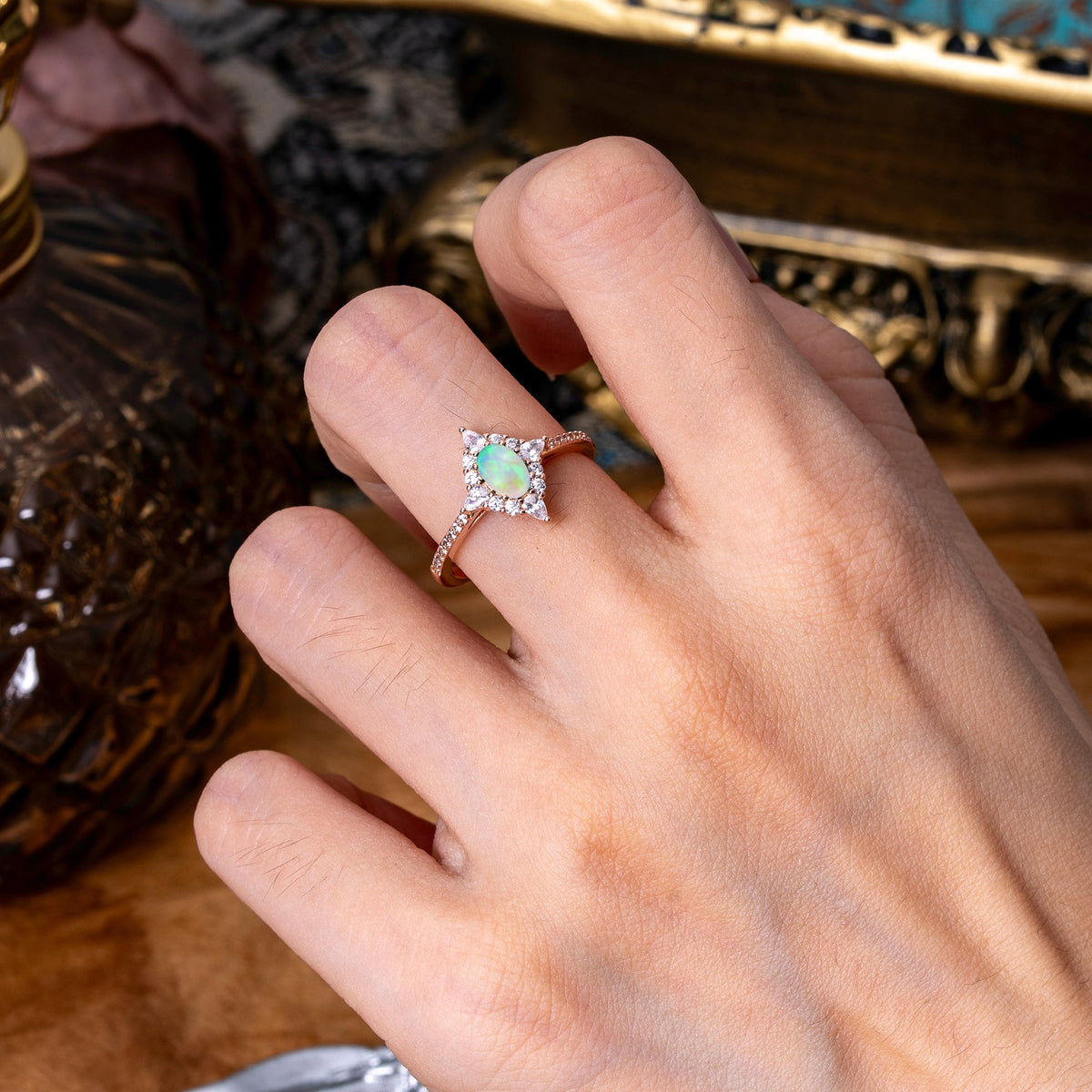 Vintage 4 Prong Oval Cut Opal Engagement Ring Cluster Pave Bridal Ring