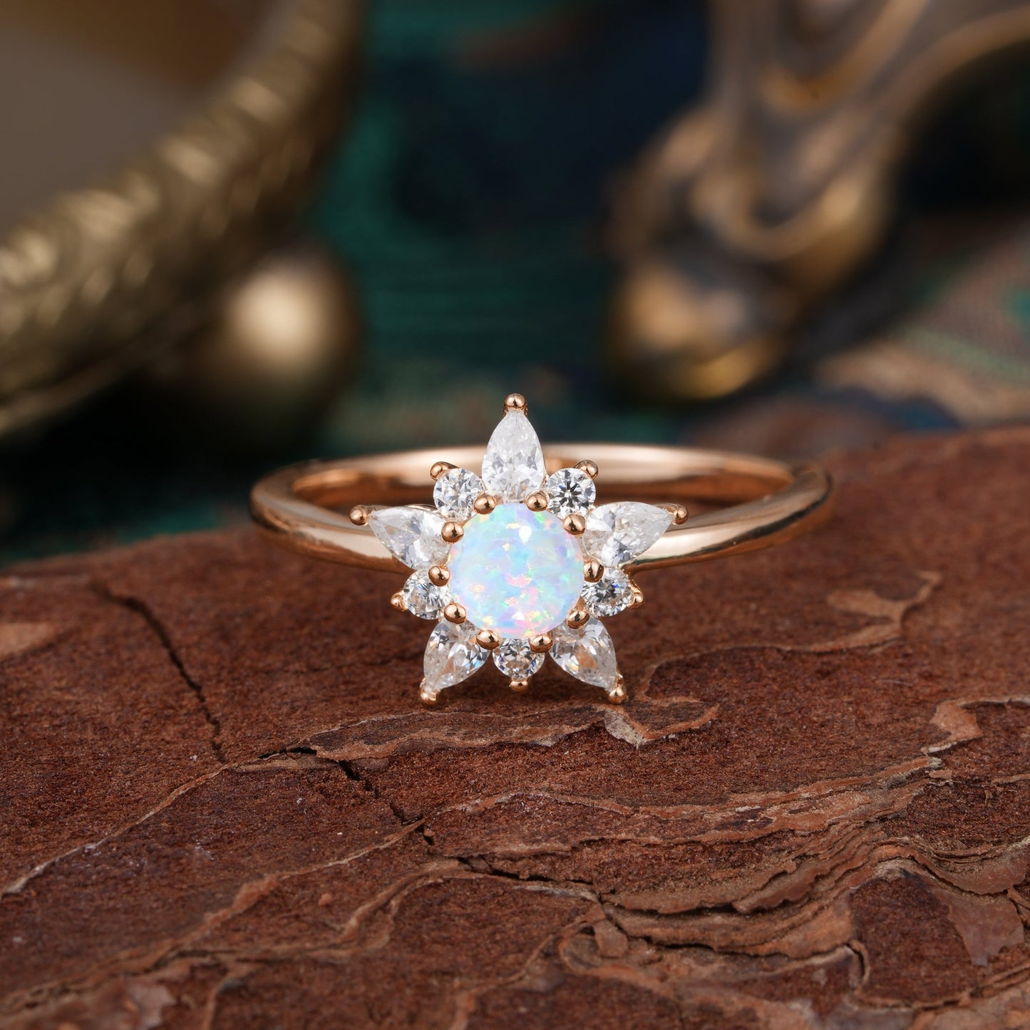 Lab Grown Opal Engagement Ring | Floral Opal Cluster Setting