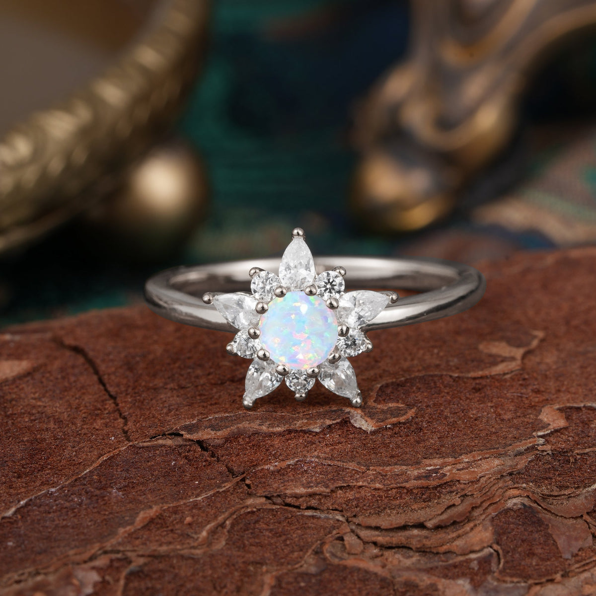 Lab Grown Opal Engagement Ring | Floral Opal Cluster Setting
