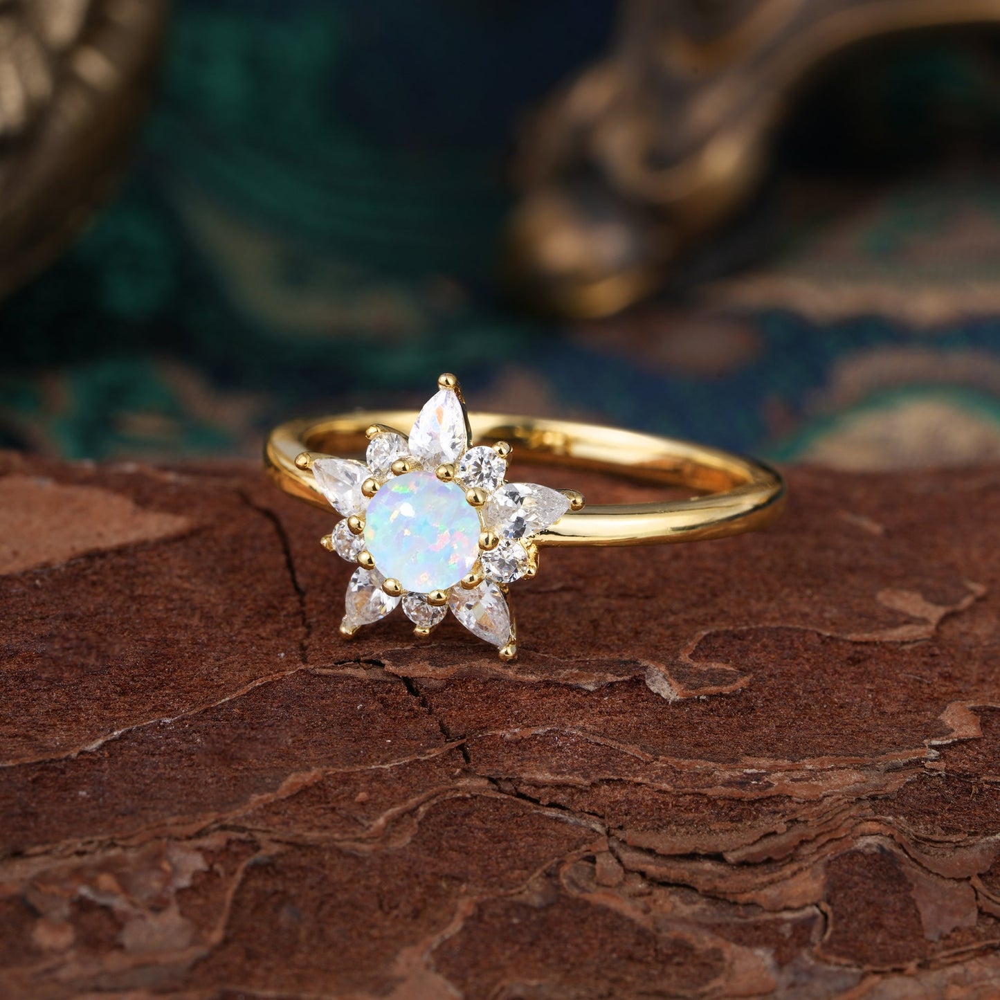 Lab Grown Opal Engagement Ring | Floral Opal Cluster Setting