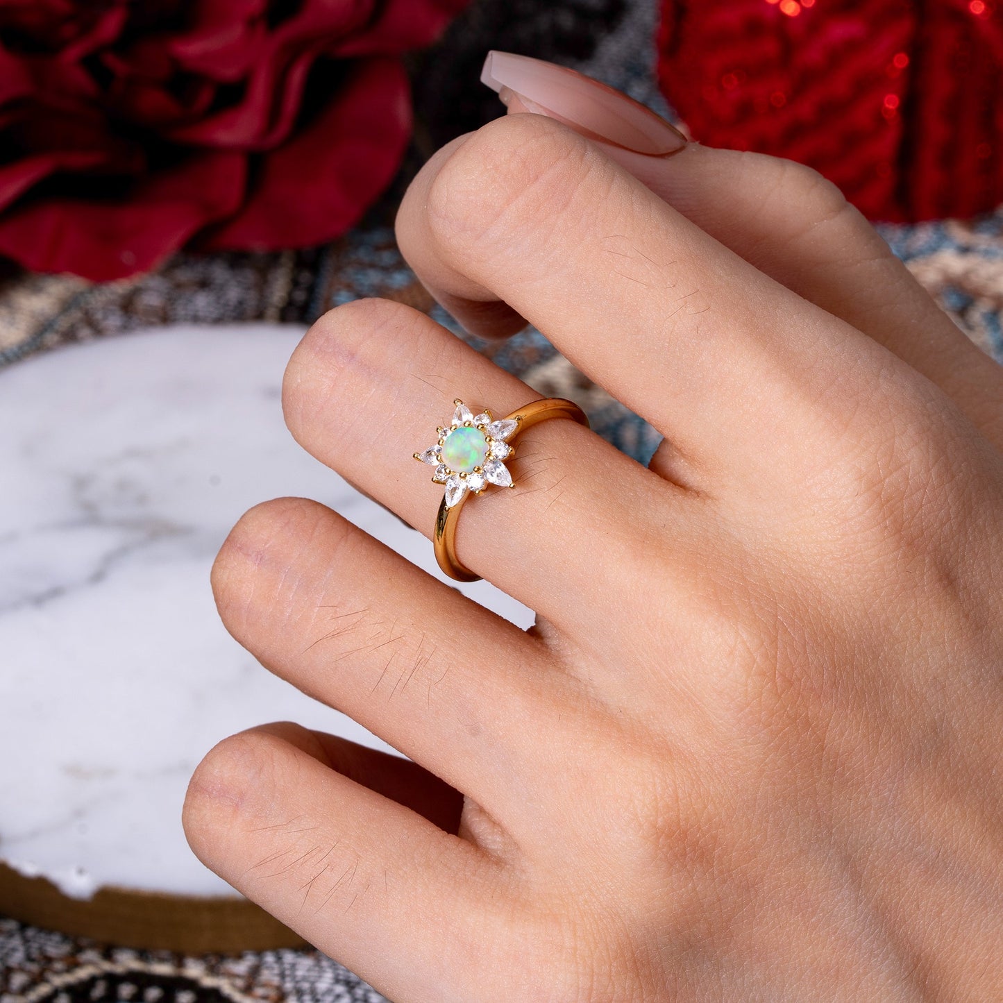 Lab Grown Opal Engagement Ring | Floral Opal Cluster Setting