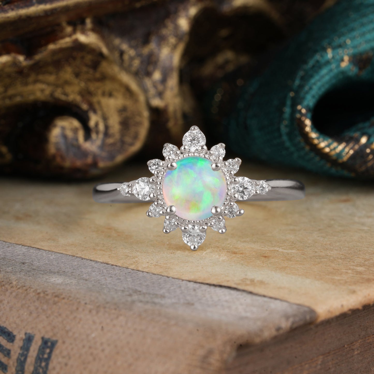 Classic 4 Prong Round Cut Cluster Opal Flower Engagement Ring