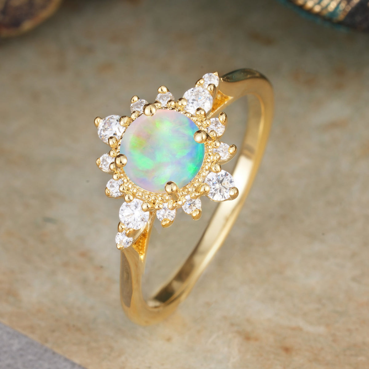 Classic 4 Prong Round Cut Cluster Opal Flower Engagement Ring