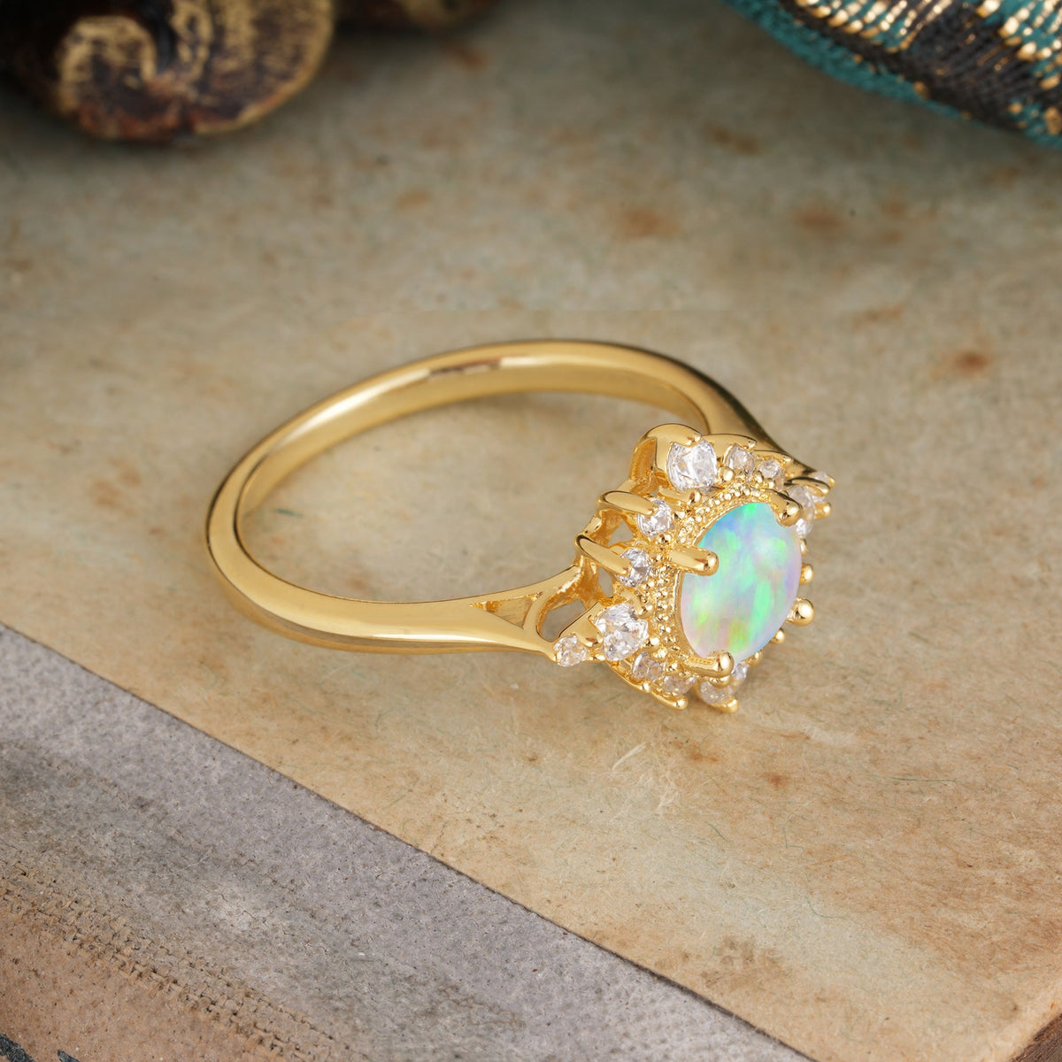 Classic 4 Prong Round Cut Cluster Opal Flower Engagement Ring