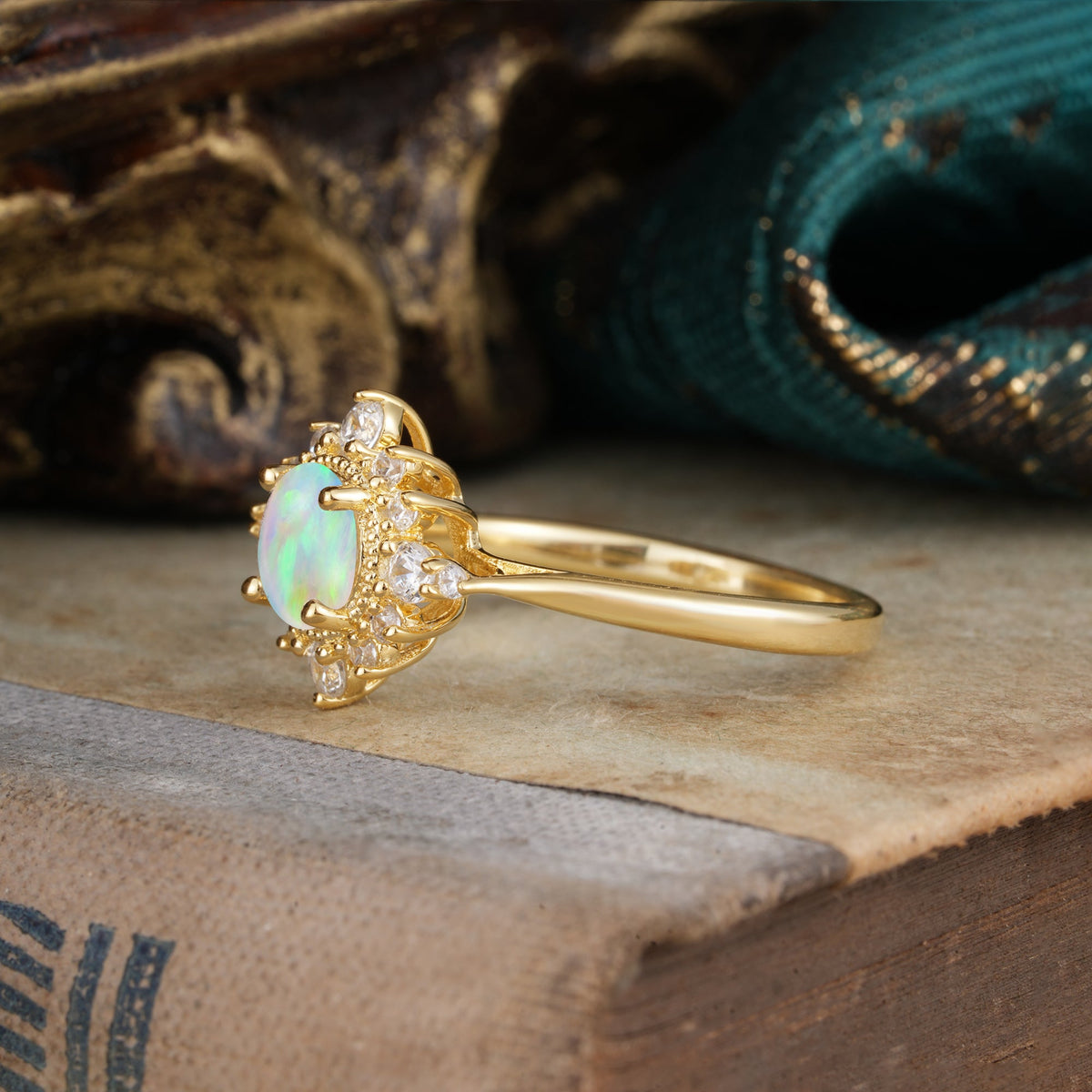 Classic 4 Prong Round Cut Cluster Opal Flower Engagement Ring
