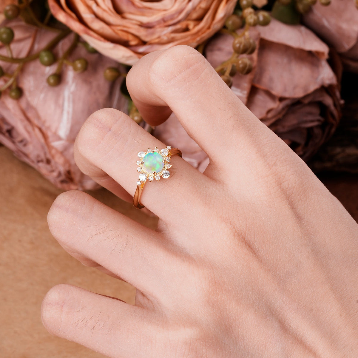 Classic 4 Prong Round Cut Cluster Opal Flower Engagement Ring