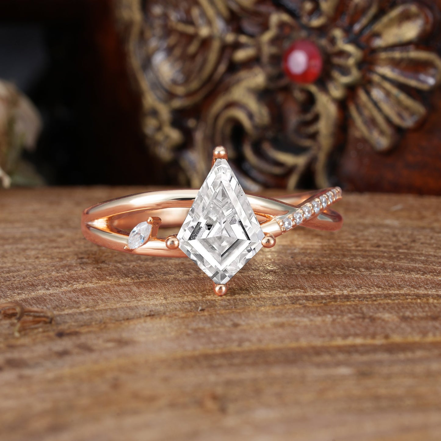 4 Prong Kite Cut 2 Carat Lab Diamond Promise Ring Nature Inspired Twisted Leaf Engagement Ring