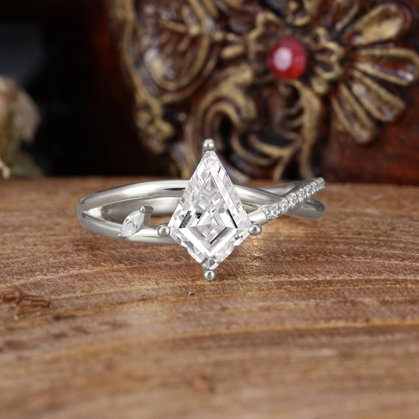 4 Prong Kite Cut 2 Carat Lab Diamond Promise Ring Nature Inspired Twisted Leaf Engagement Ring