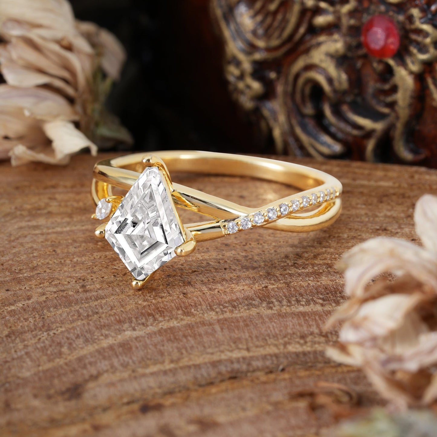 4 Prong Kite Cut 2 Carat Lab Diamond Promise Ring Nature Inspired Twisted Leaf Engagement Ring
