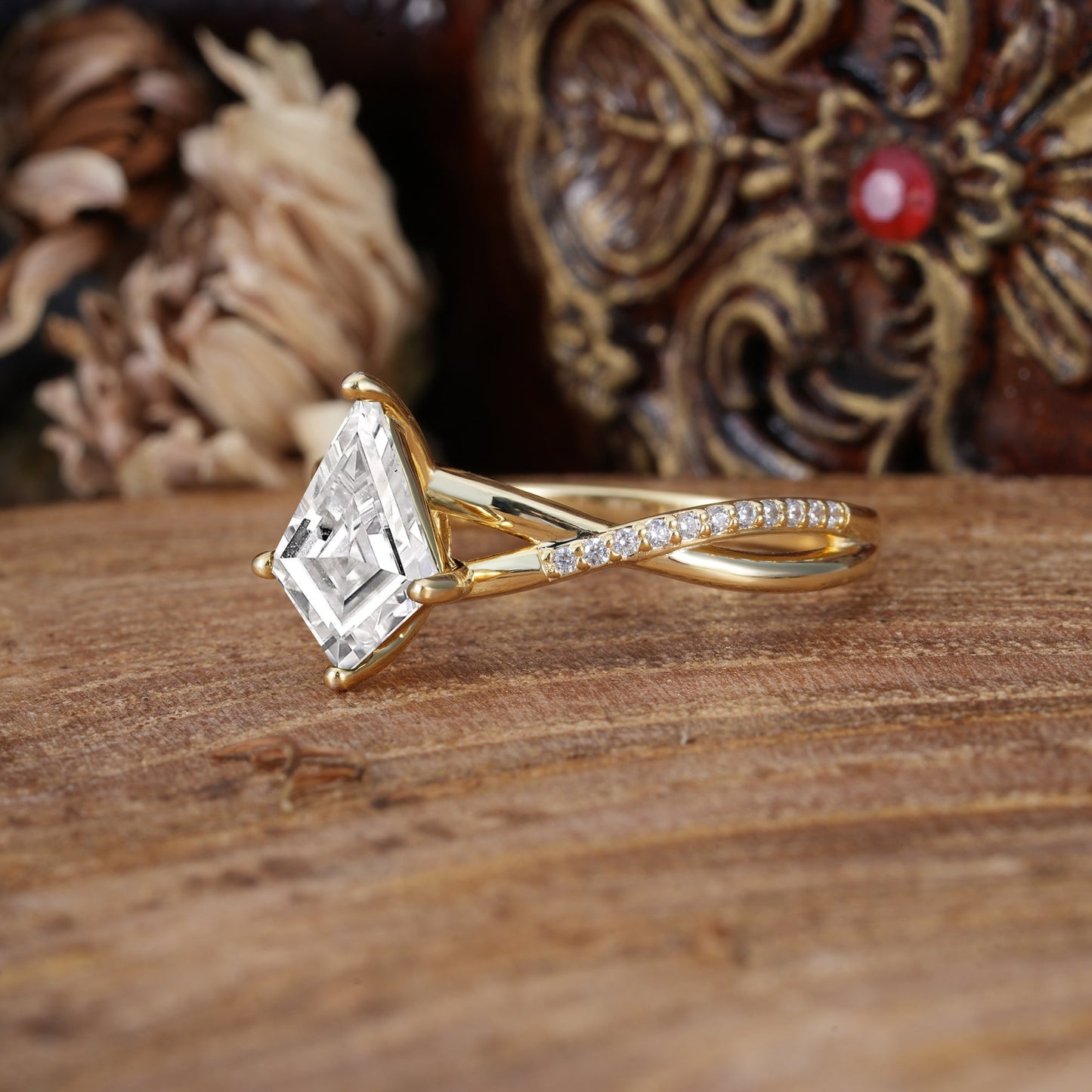 4 Prong Kite Cut 2 Carat Lab Diamond Promise Ring Nature Inspired Twisted Leaf Engagement Ring
