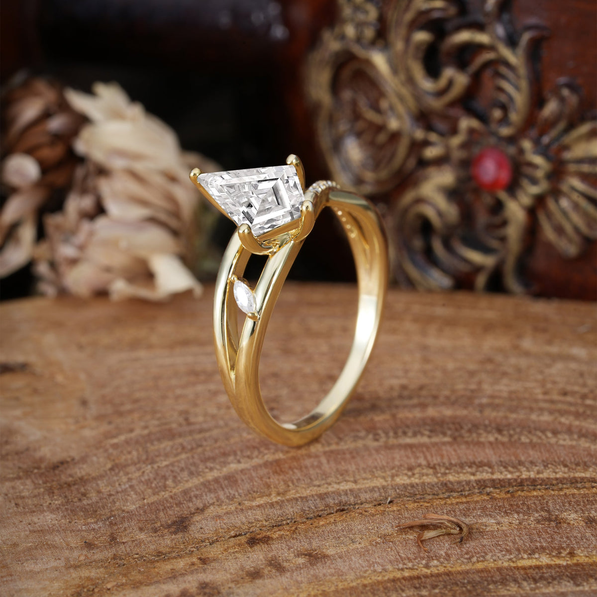4 Prong Kite Cut 2 Carat Lab Diamond Promise Ring Nature Inspired Twisted Leaf Engagement Ring