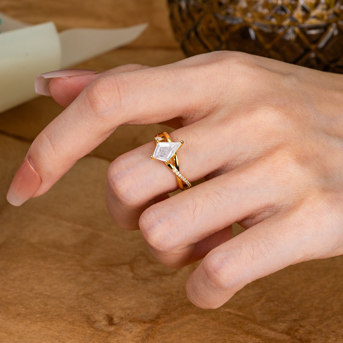 4 Prong Kite Cut 2 Carat Lab Diamond Promise Ring Nature Inspired Twisted Leaf Engagement Ring