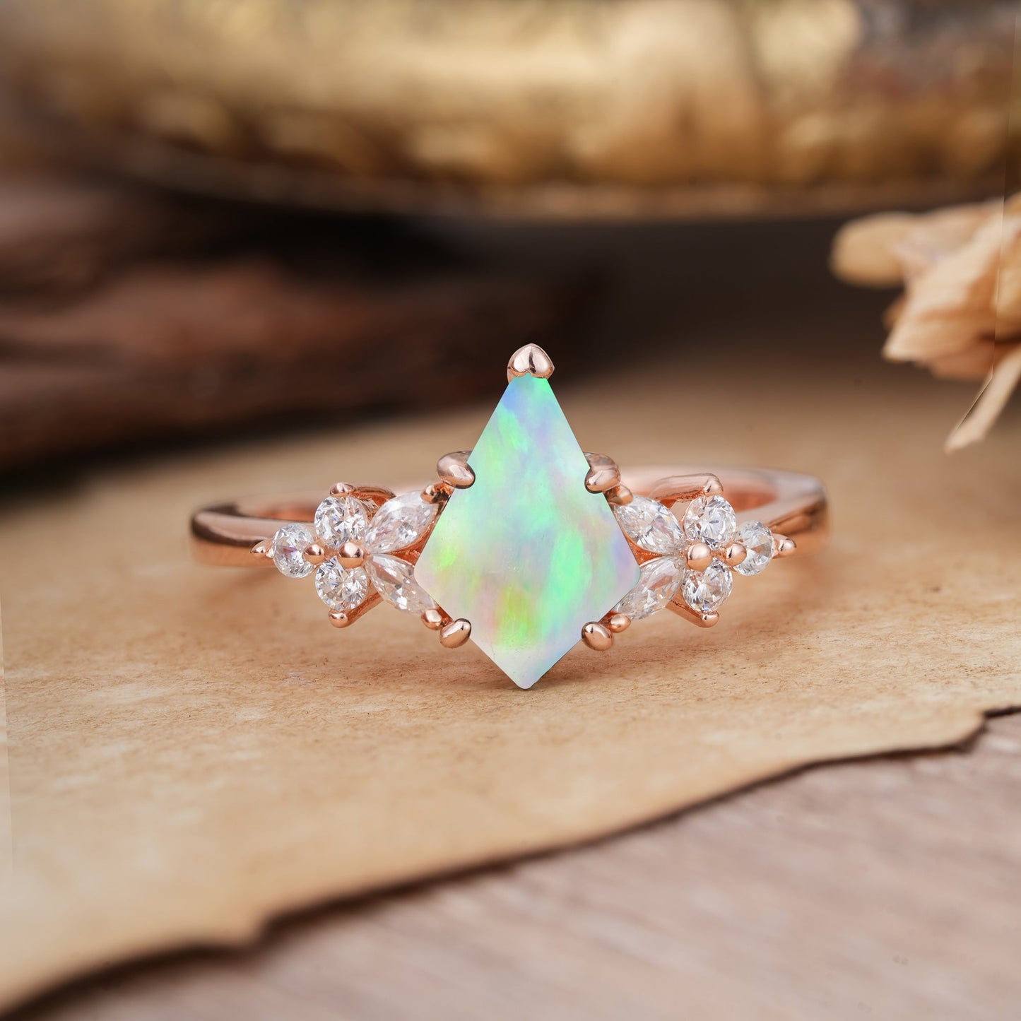Blossom Kite Cut 2 Carat Fire Opal Engagement Ring Nature Inspired Cluster Leaf Ring