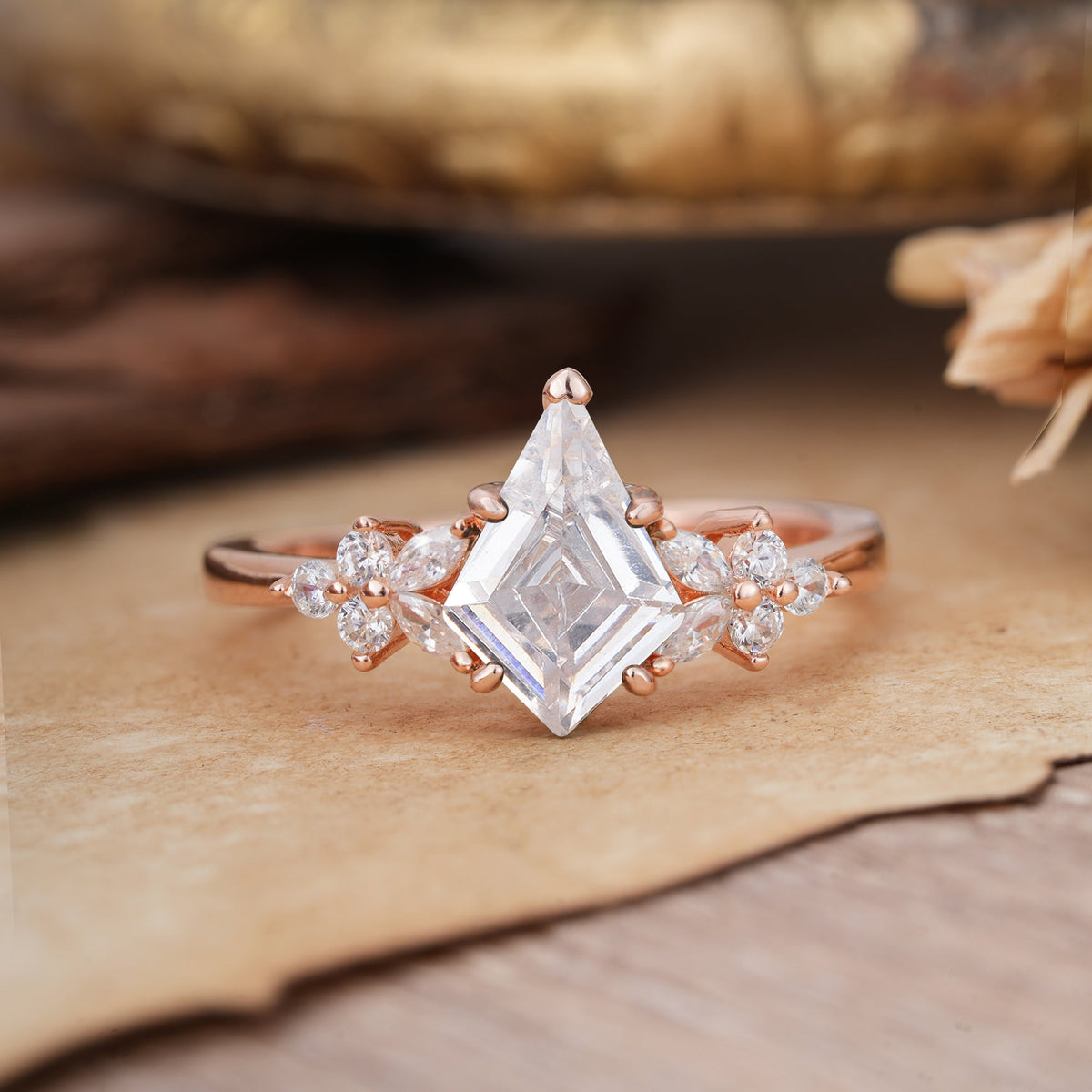 Blossom Kite Cut 2 Carat Lab Diamond Engagement Ring Nature Inspired Cluster Leaf Ring