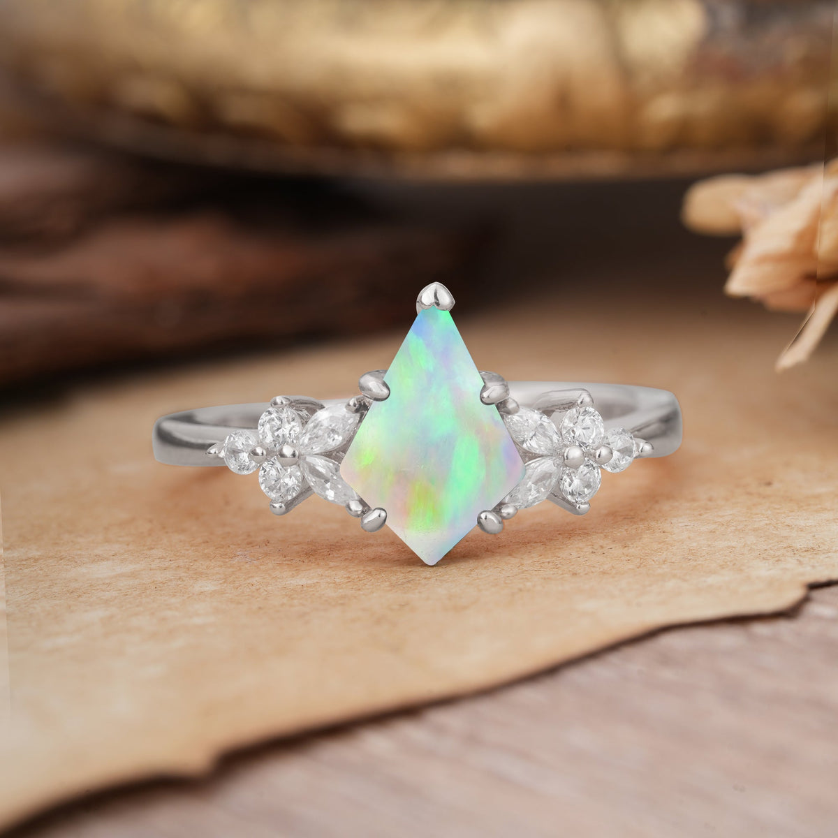 Blossom Kite Cut 2 Carat Fire Opal Engagement Ring Nature Inspired Cluster Leaf Ring
