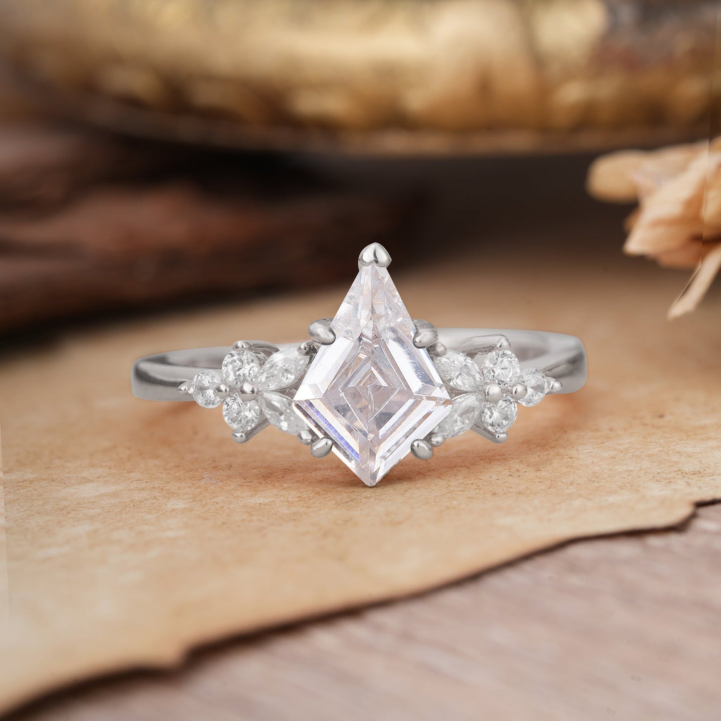 Blossom Kite Cut 2 Carat Lab Diamond Engagement Ring Nature Inspired Cluster Leaf Ring