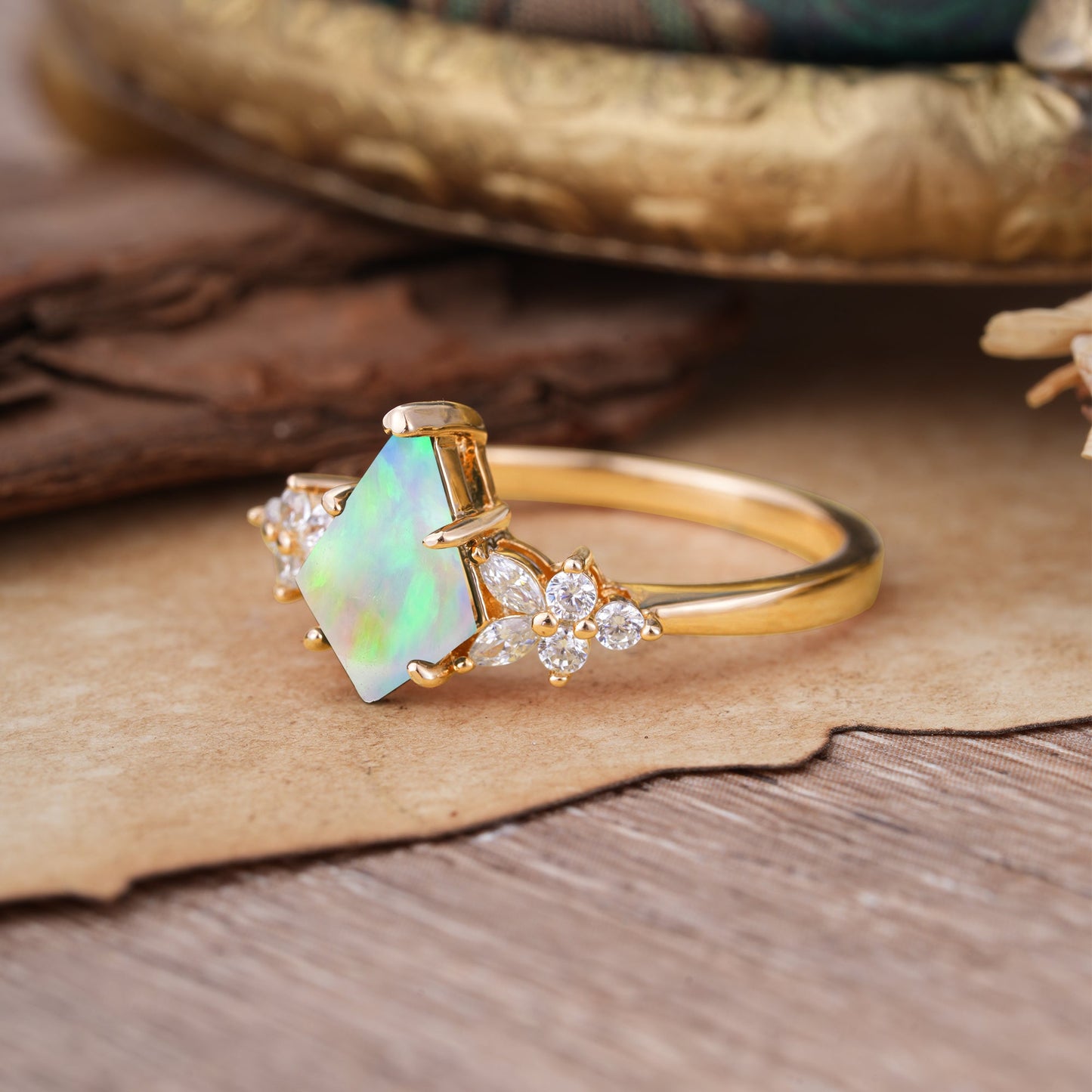 Blossom Kite Cut 2 Carat Fire Opal Engagement Ring Nature Inspired Cluster Leaf Ring
