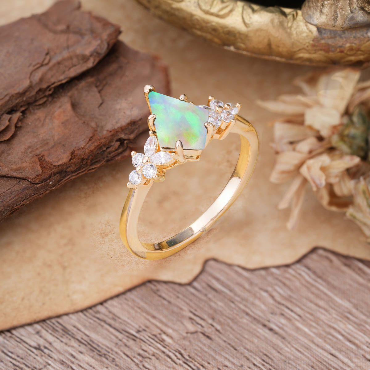 Blossom Kite Cut 2 Carat Fire Opal Engagement Ring Nature Inspired Cluster Leaf Ring