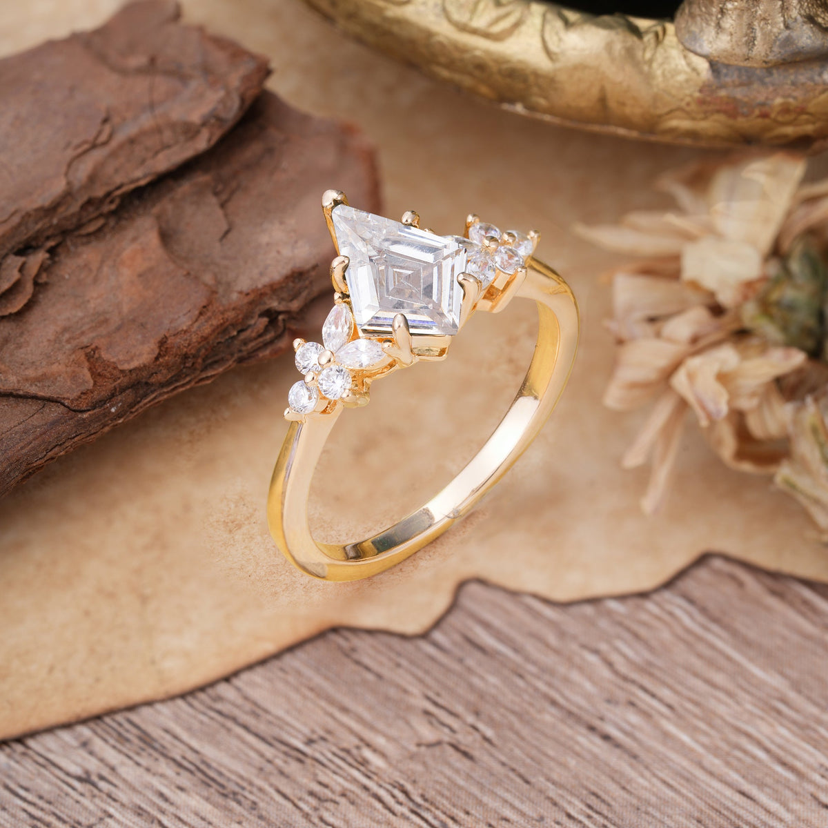 Blossom Kite Cut 2 Carat Lab Diamond Engagement Ring Nature Inspired Cluster Leaf Ring