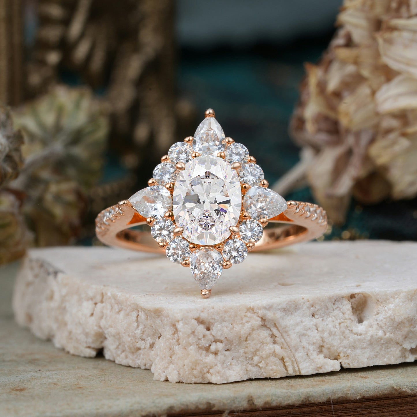 Luxury Oval Cut Halo Pavé Moissanite Engagement Ring