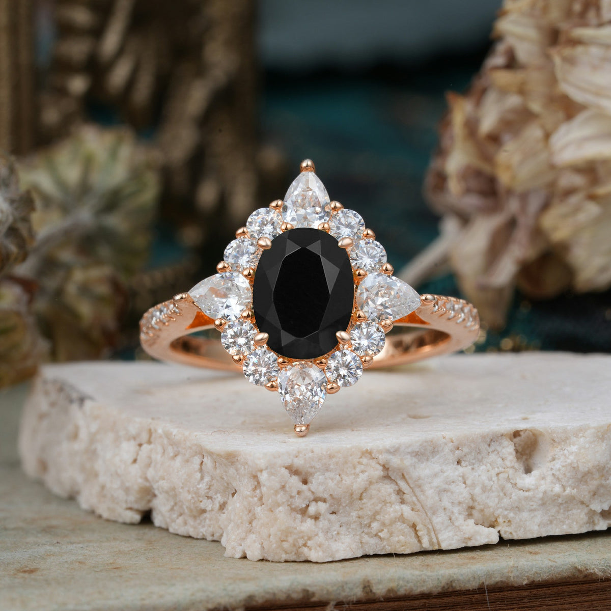 Luxury Oval Cut Halo Pavé Black Onyx Engagement Ring