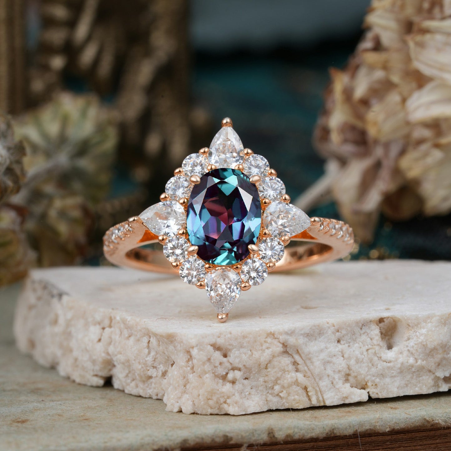 Luxury Oval Cut Halo Pavé Alexandrite Engagement Ring
