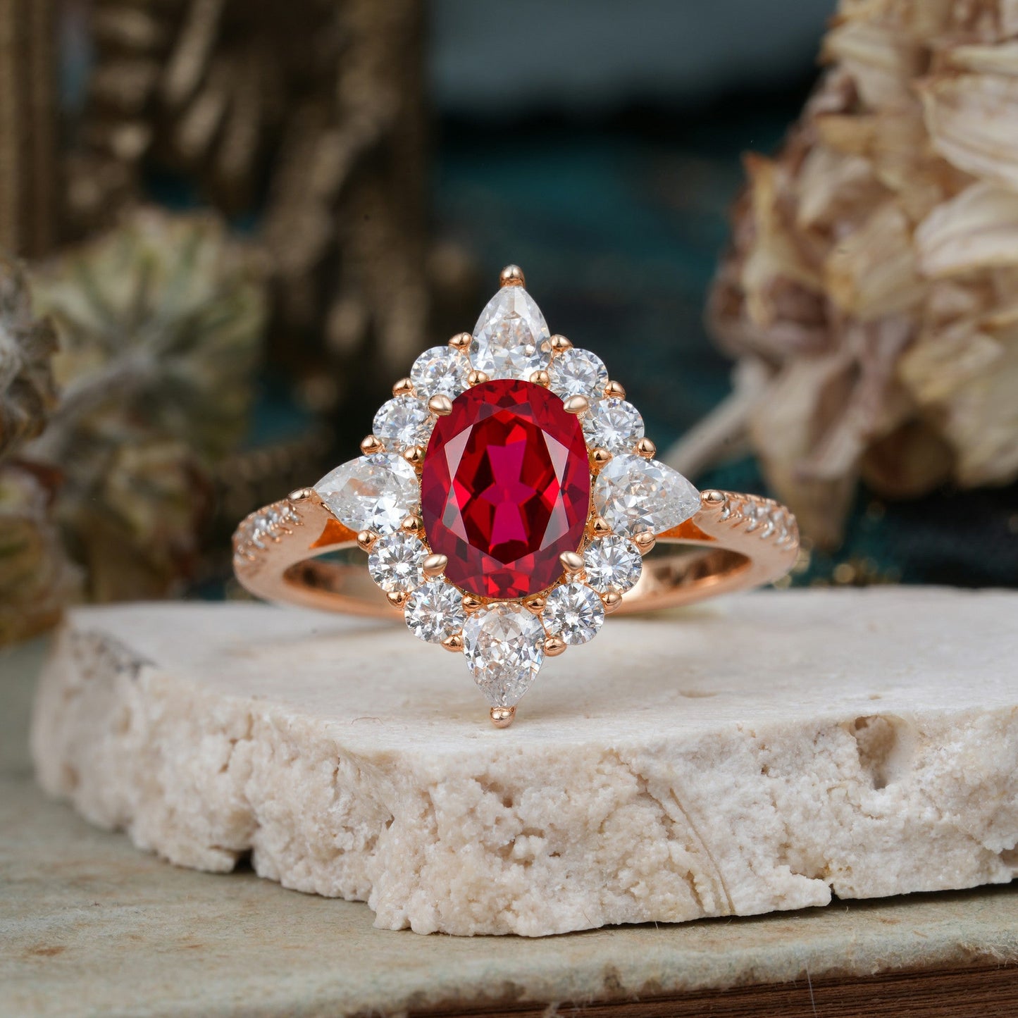 Luxury Oval Cut Halo Pavé Ruby Engagement Ring