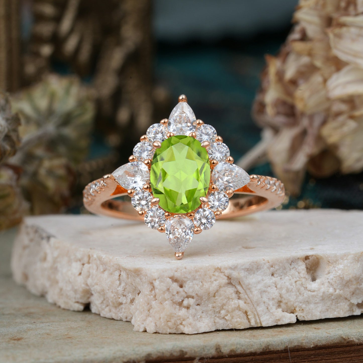 Luxury Oval Cut Halo Pavé Peridot Engagement Ring