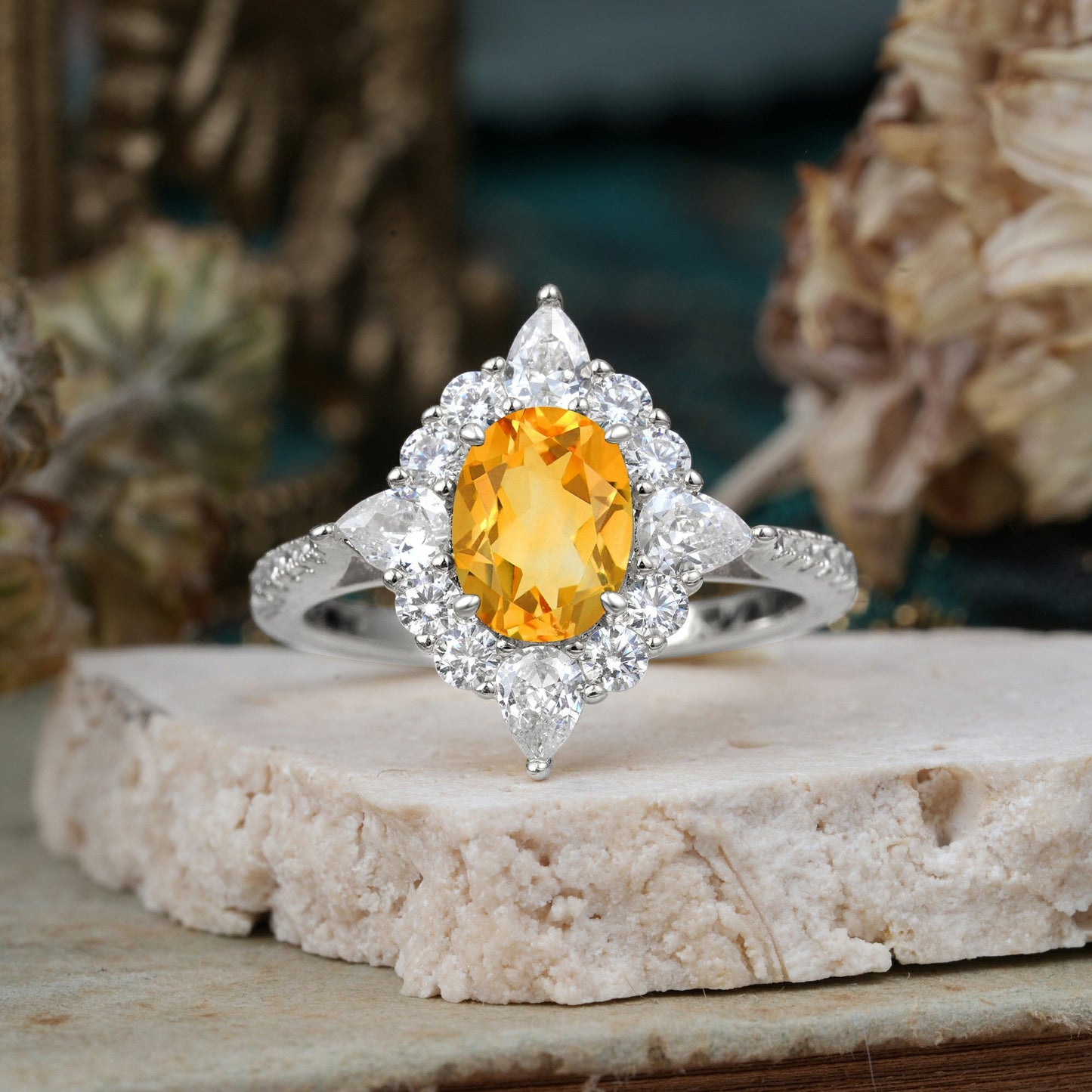 Luxury Oval Cut Halo Pavé Citrine Engagement Ring