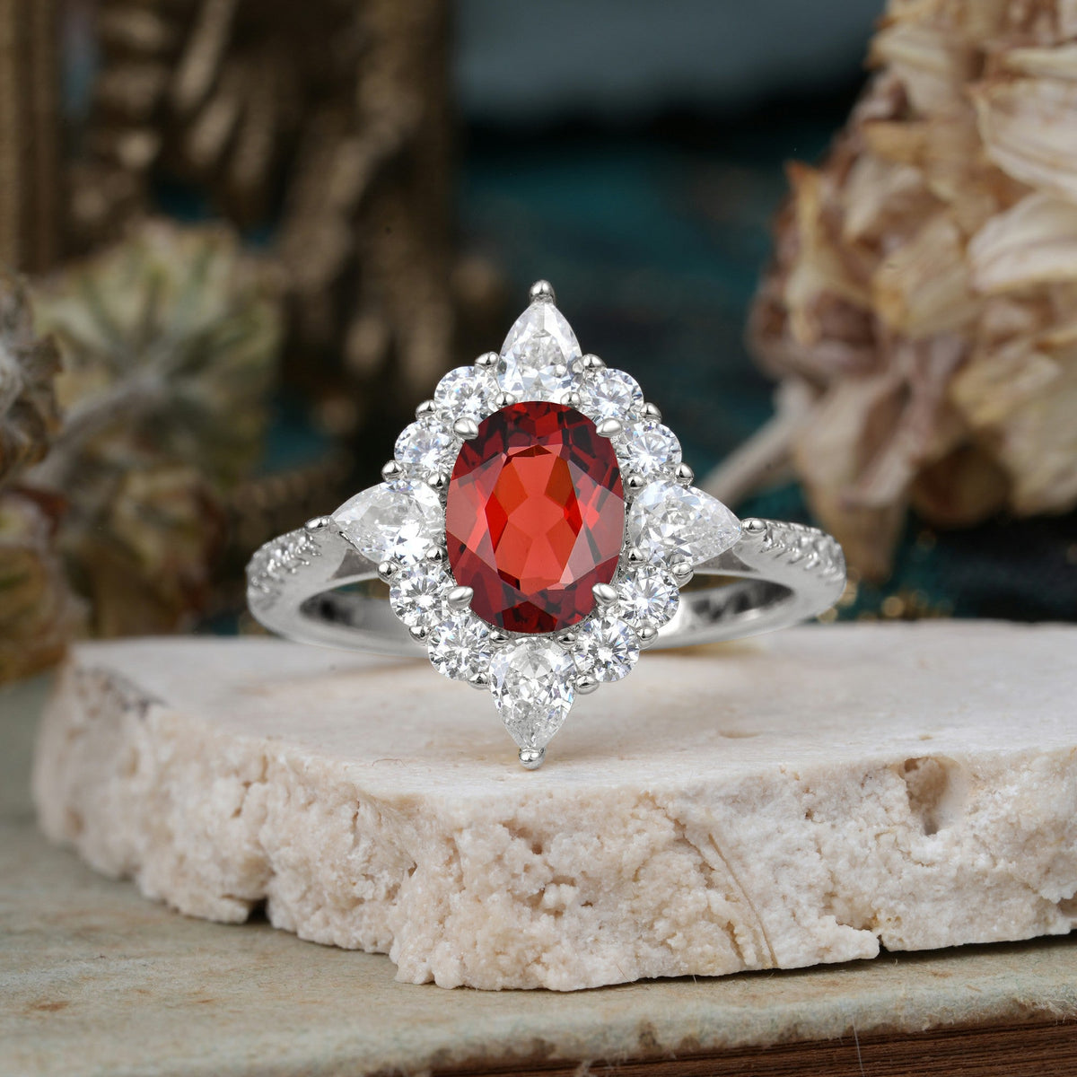 Luxury Oval Cut Halo Pavé Garnet Engagement Ring