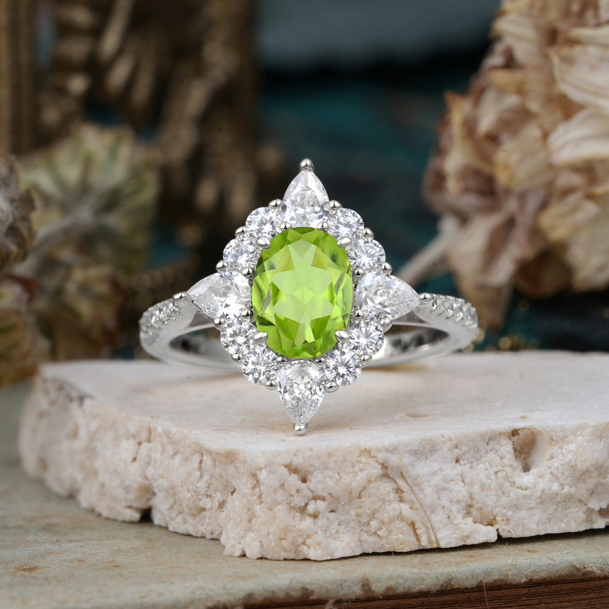 Luxury Oval Cut Halo Pavé Peridot Engagement Ring