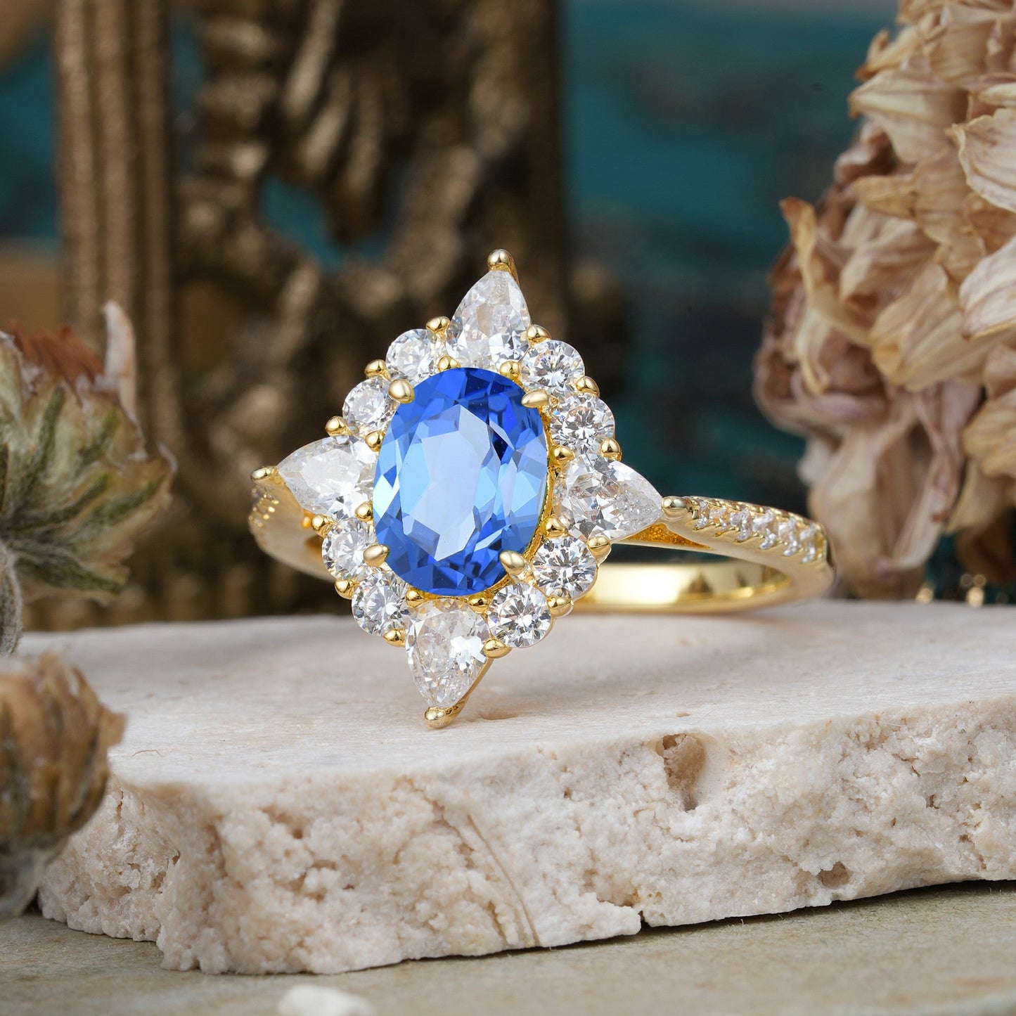 Luxury Oval Cut Halo Pavé Sapphire Engagement Ring