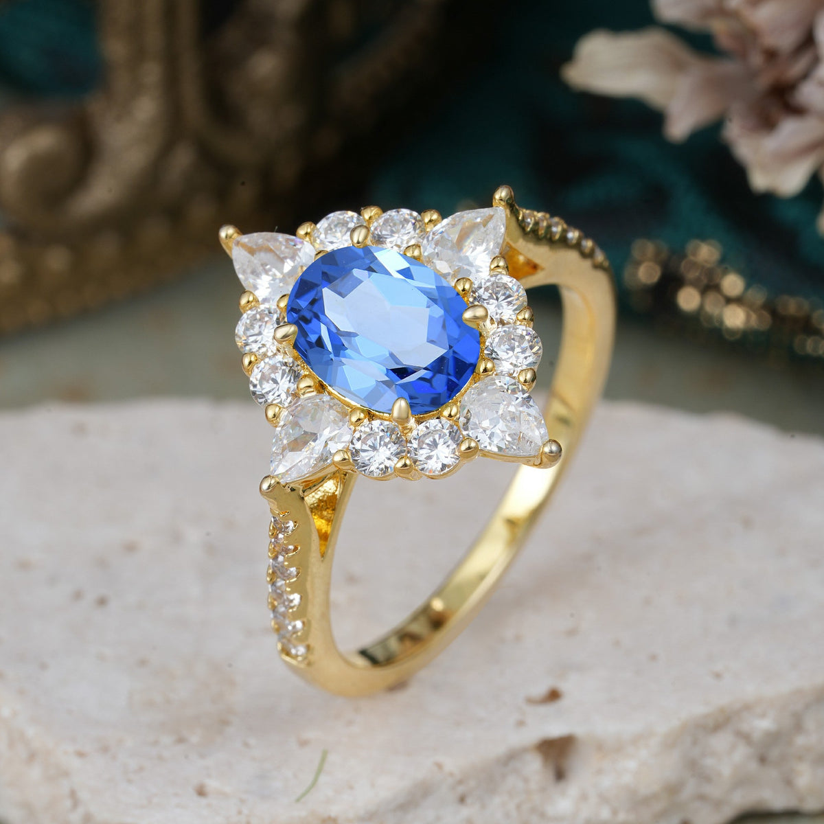 Luxury Oval Cut Halo Pavé Sapphire Engagement Ring