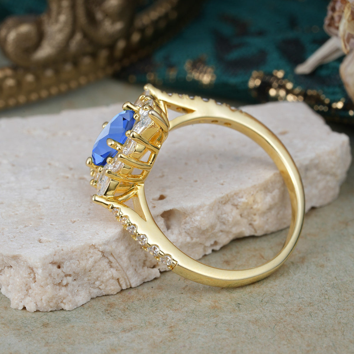 Luxury Oval Cut Halo Pavé Sapphire Engagement Ring