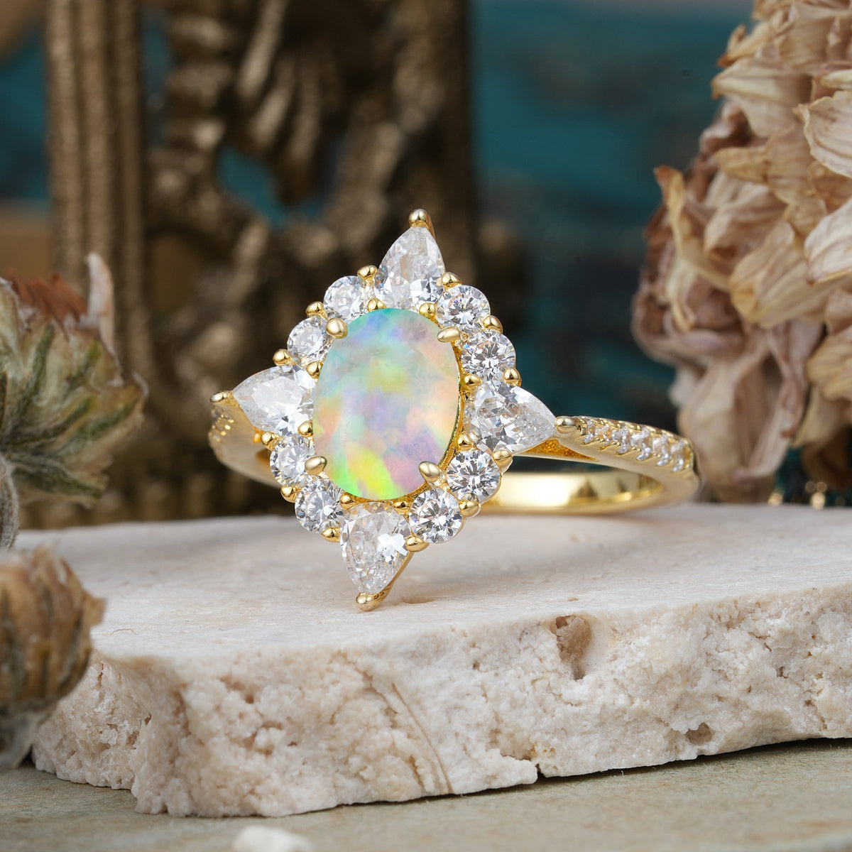 Luxury Oval Cut Halo Pavé Fire Opal Engagement Ring