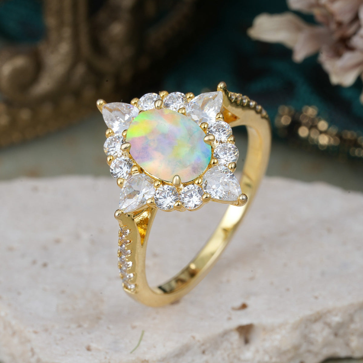 Luxury Oval Cut Halo Pavé Fire Opal Engagement Ring
