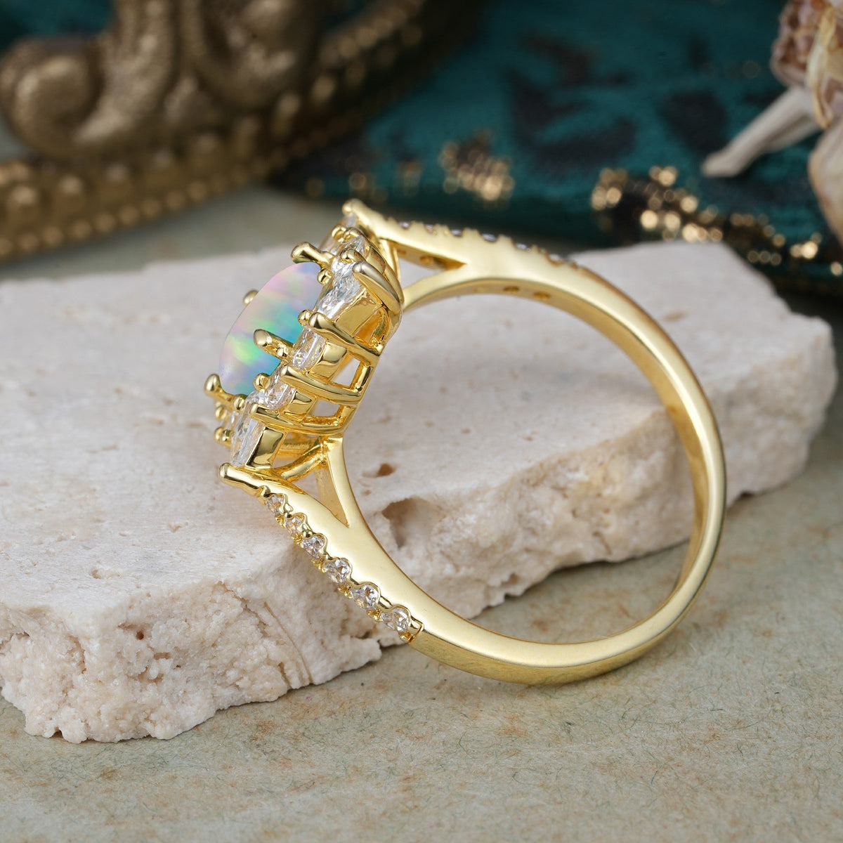 Luxury Oval Cut Halo Pavé Fire Opal Engagement Ring
